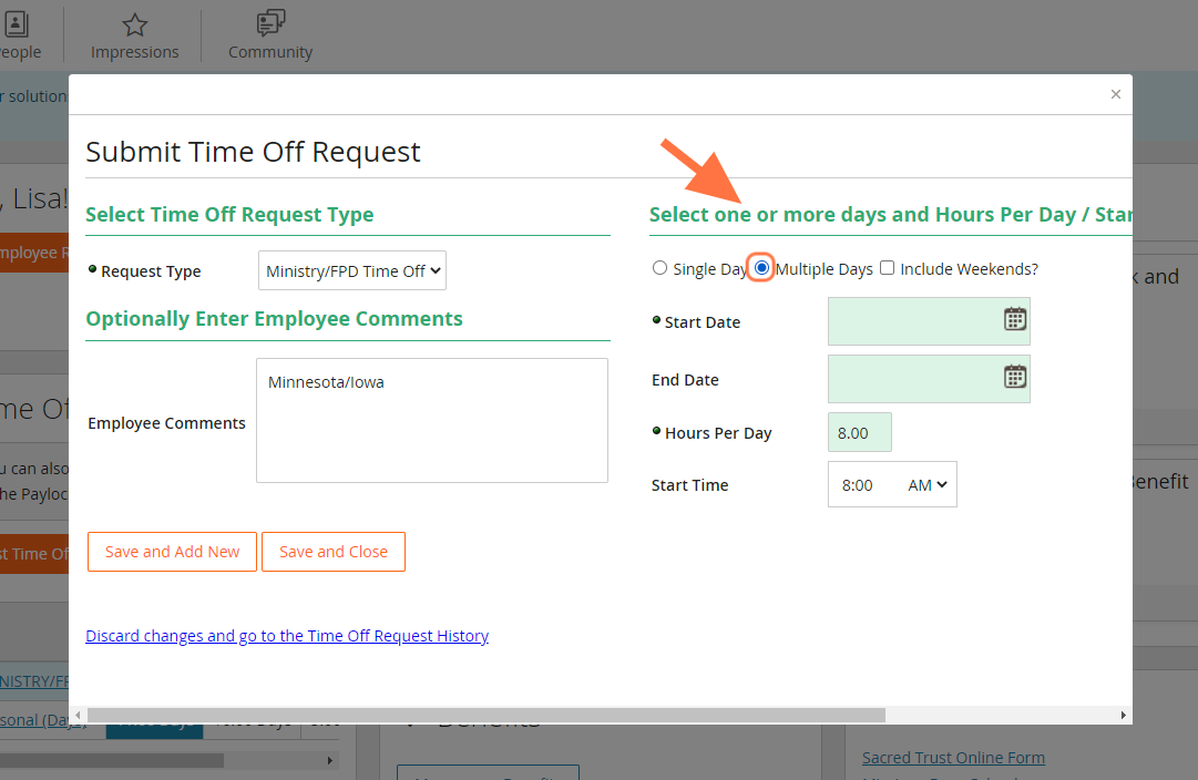 Select from Single Day or Multiple Days option