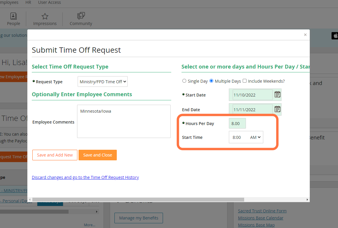 Verify Hours per Day and Start Time fields