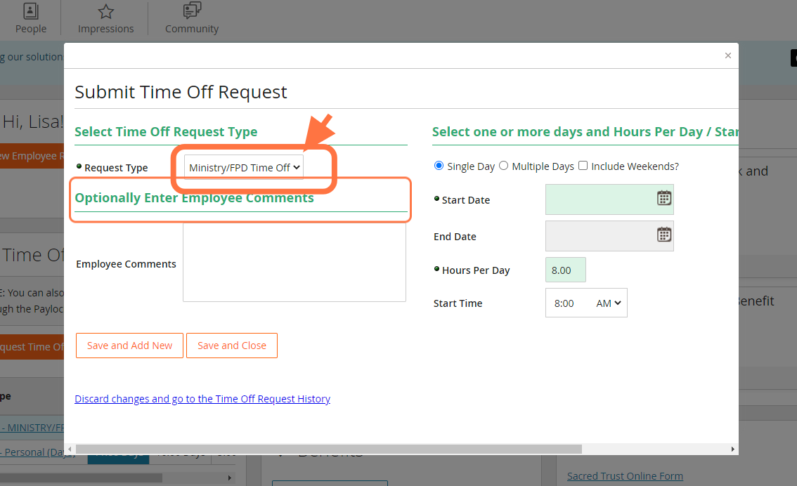 Select Request Type (Personal or Ministry)