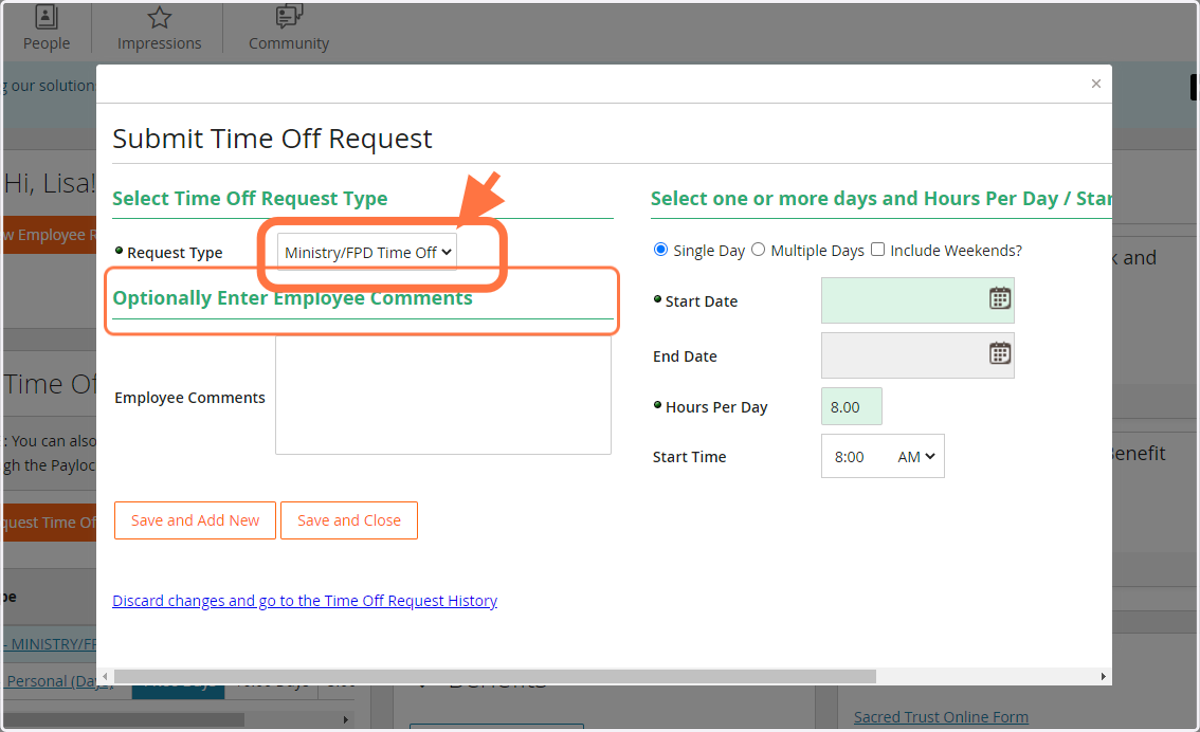 Select Request Type (Personal or Ministry)