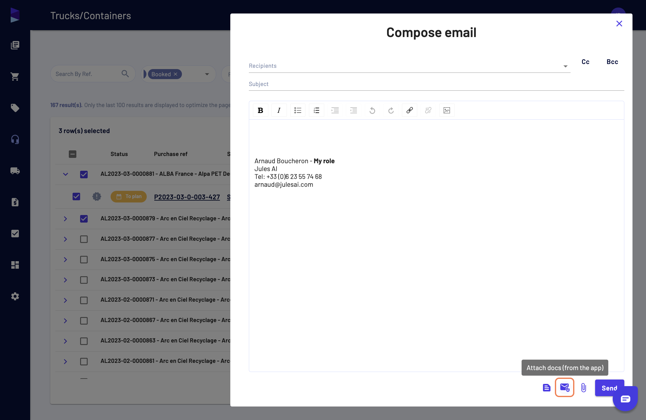 It opens a "Compose email" page, from there click on "Attach docs (from the app)"