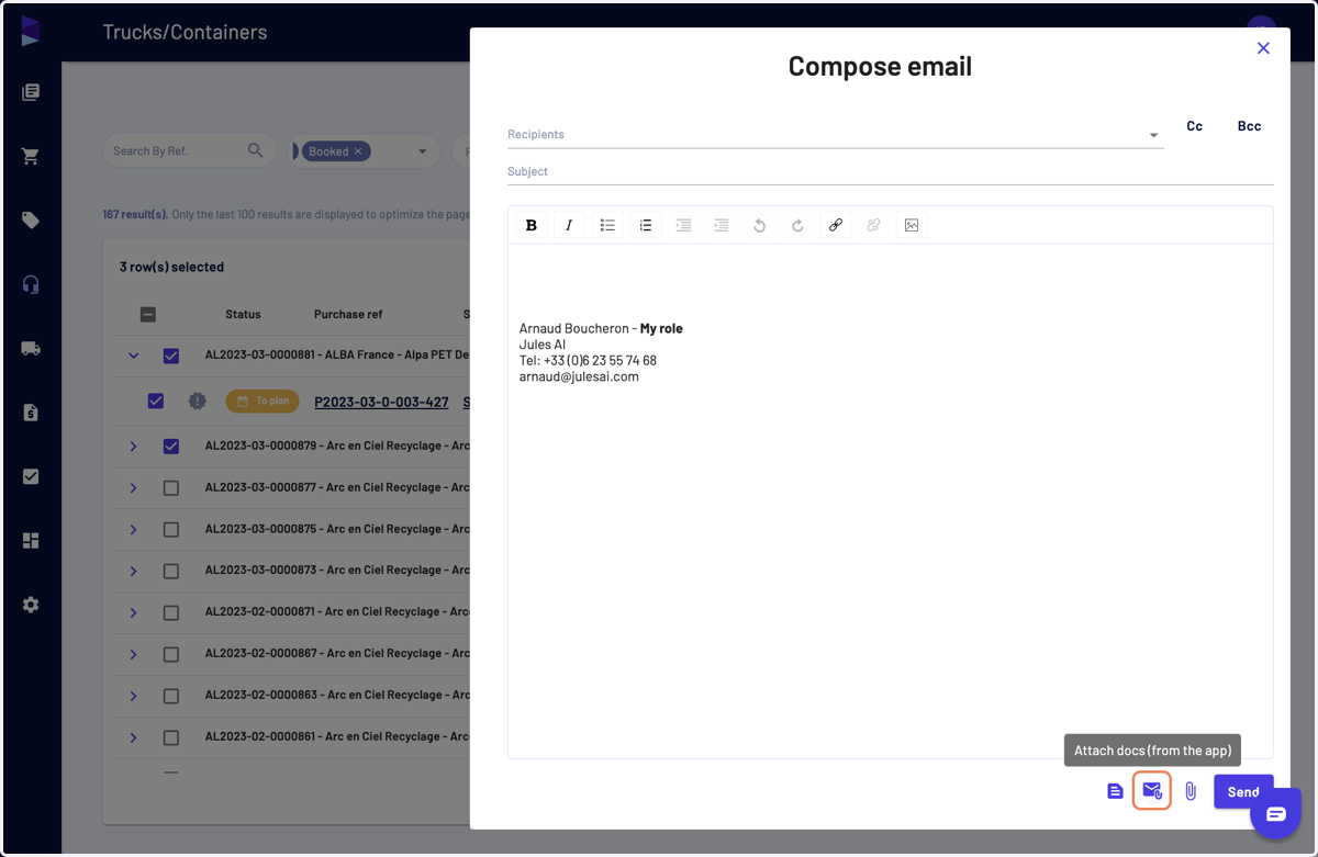 It opens a "Compose email" page, from there click on "Attach docs (from the app)"