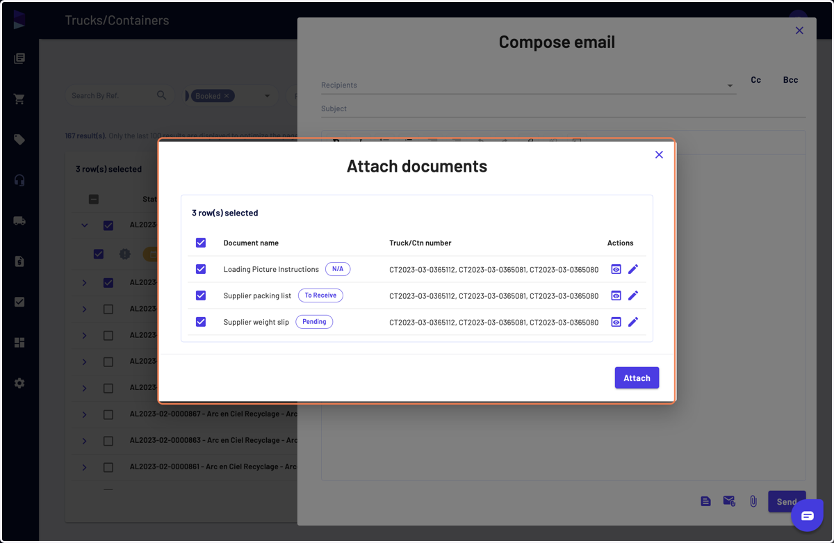 You access the list of documents that are available for the containers or trucks selected