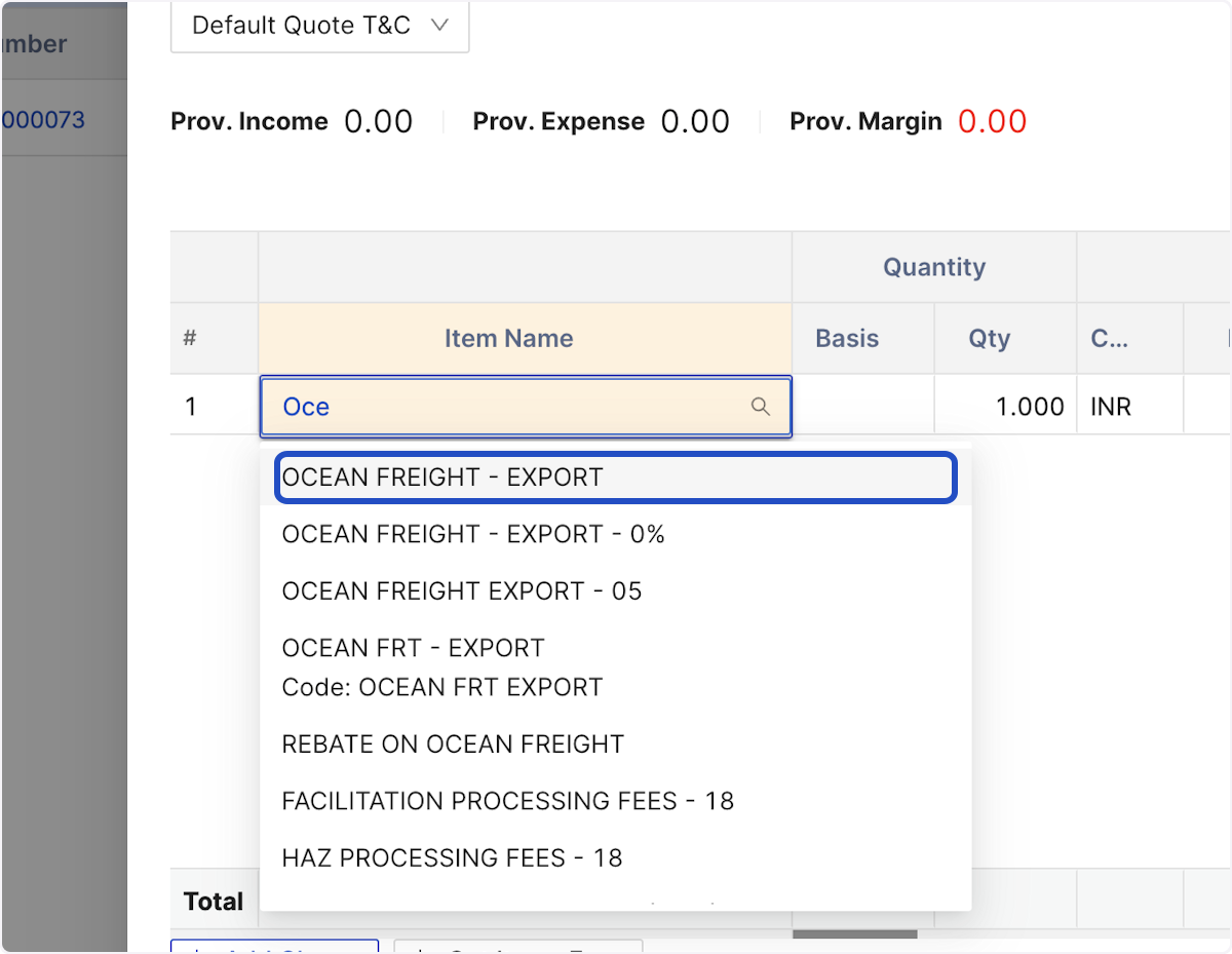Start entering the charge name and select the appropriate one from drop down. You can use Tab key on your keyboard to navigate across the rates and details field. 