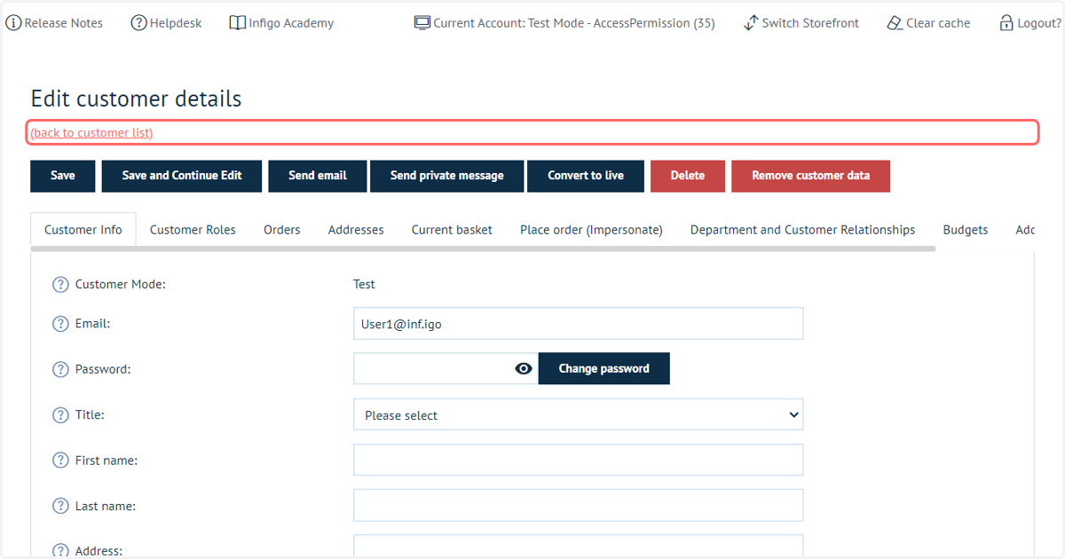 Click on (back to customer list)
