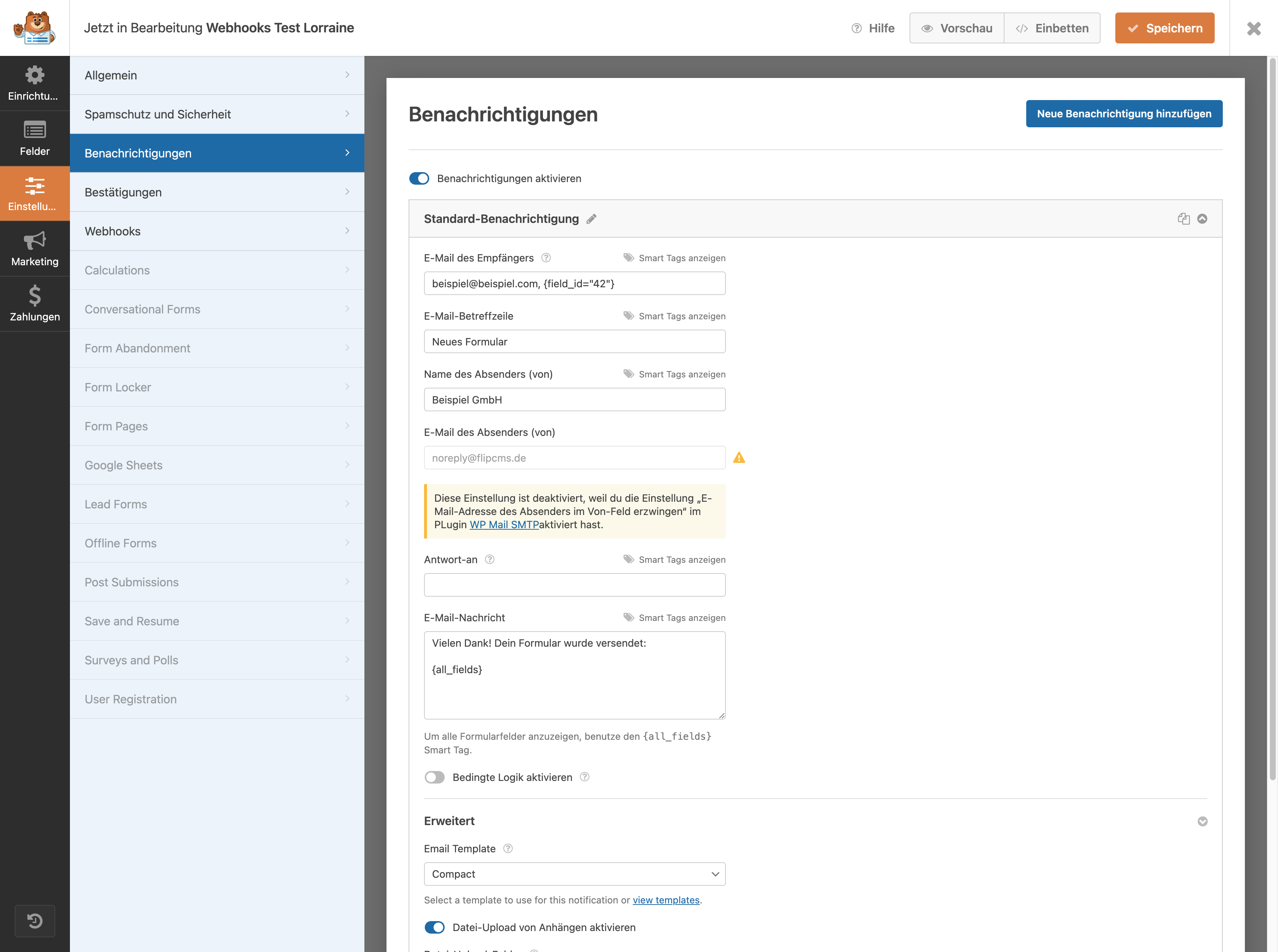 Trage in das Feld "E-Mail des Empfängers" zusätzlich den Smart Tag {field_id="XY"} ein. In unserem Beispiel heißt es {field_id="42"}.