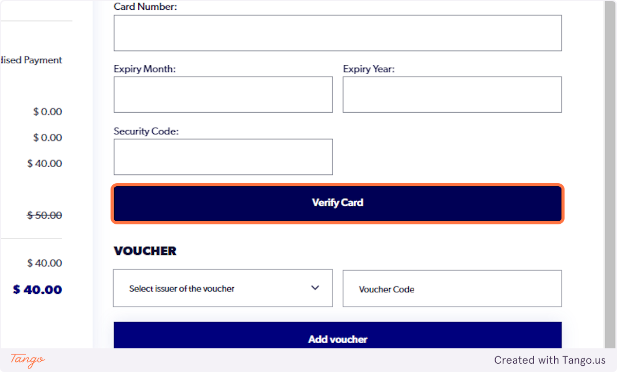 Enter in the card details that you will be paying for the transaction with