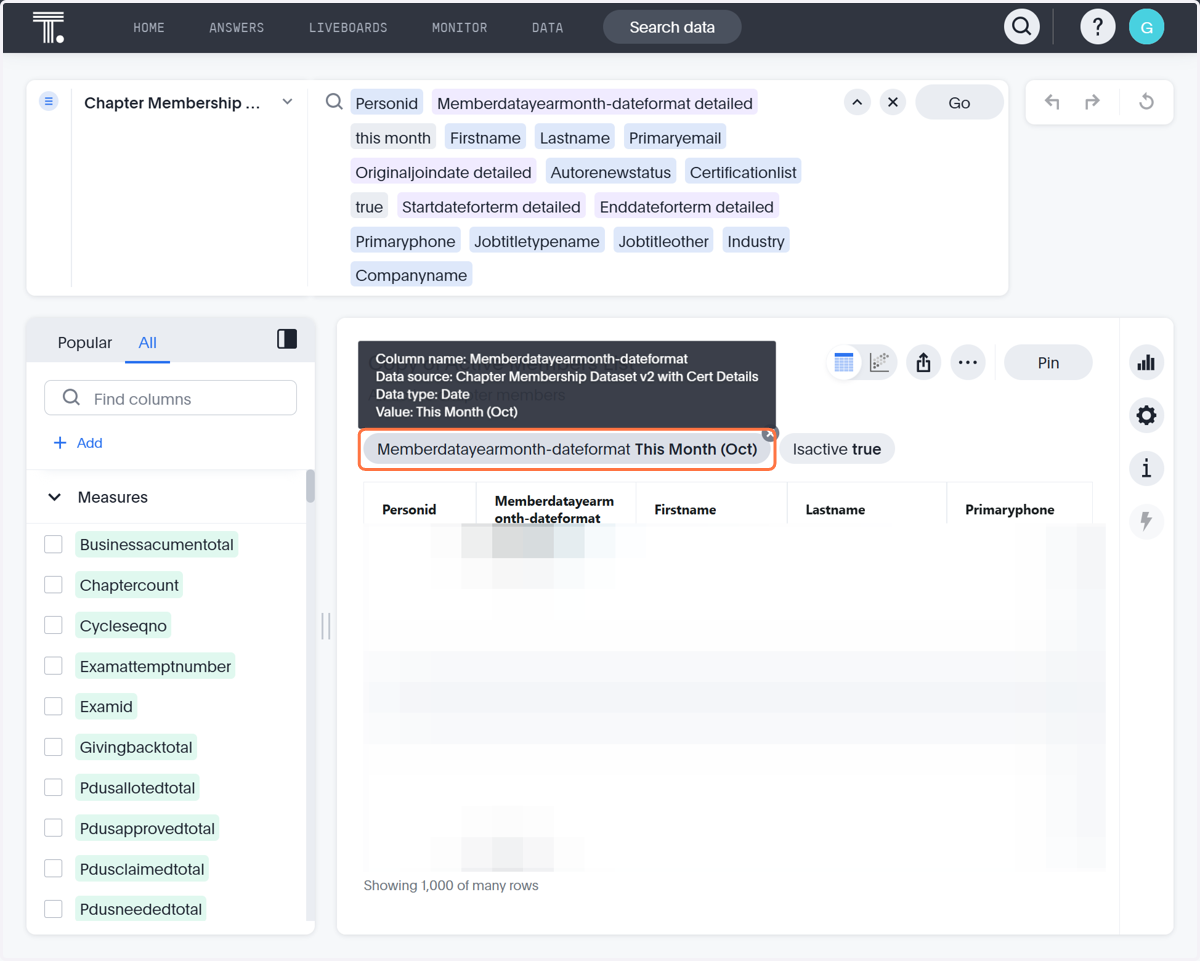 Click on Memberdatayearmonth-dateformatThis Month (Oct). PLEASE ENSURE THIS FILTER IS SET UP EXACTLY LIKE THIS. If not, this is what will cause errors and duplications