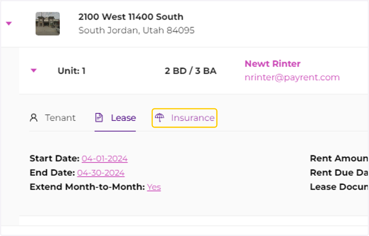 Click on "Insurance" to see the renter's insurance.