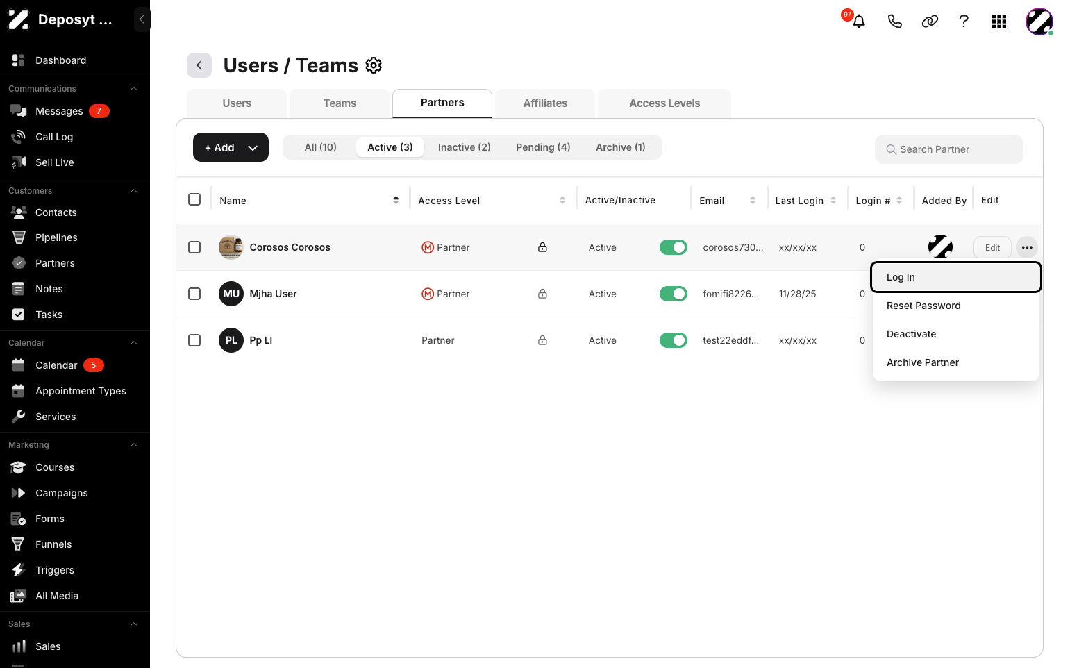 Step 5: Click the three-dot menu button for the user you want to update. A pop-up menu will appear, where you can Log in as that user, Reset Password, Activate or Deactivate, and Archive Partner.