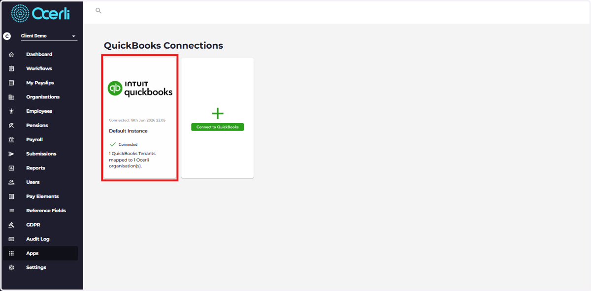 Click on your QuickBooks Connected Organisation