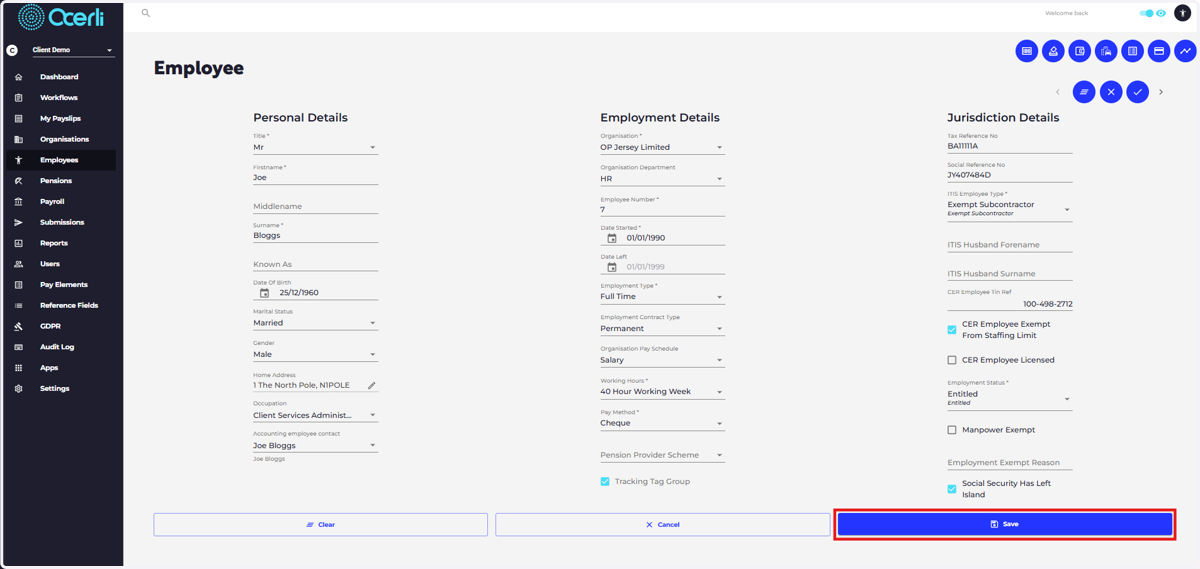 Click on SAVE to save the changes to the employee record