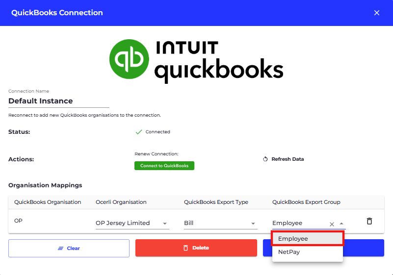 Click on QuickBooks Export Group dropdown