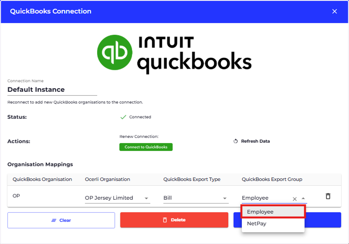 Click on QuickBooks Export Group dropdown