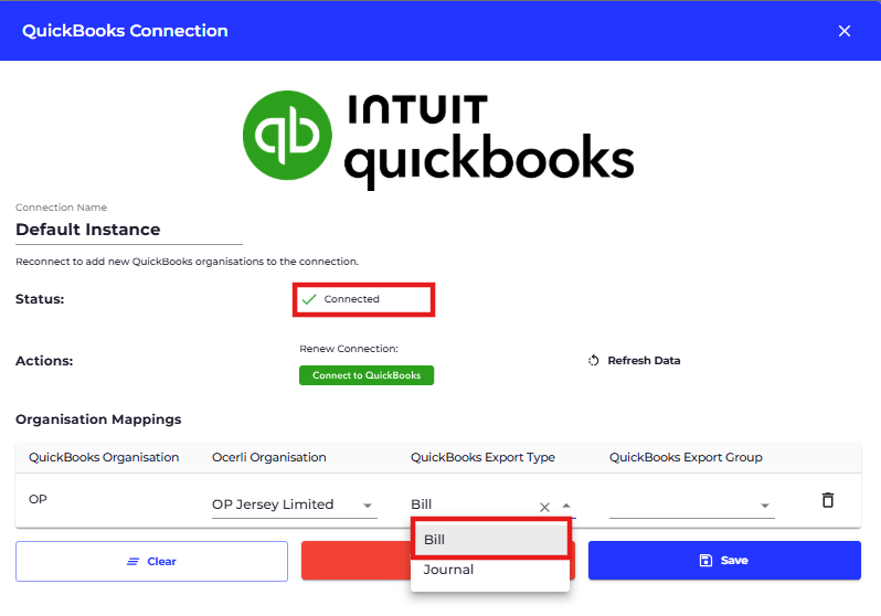 Click on QuickBooks Export Type dropdown against the relevant organisation