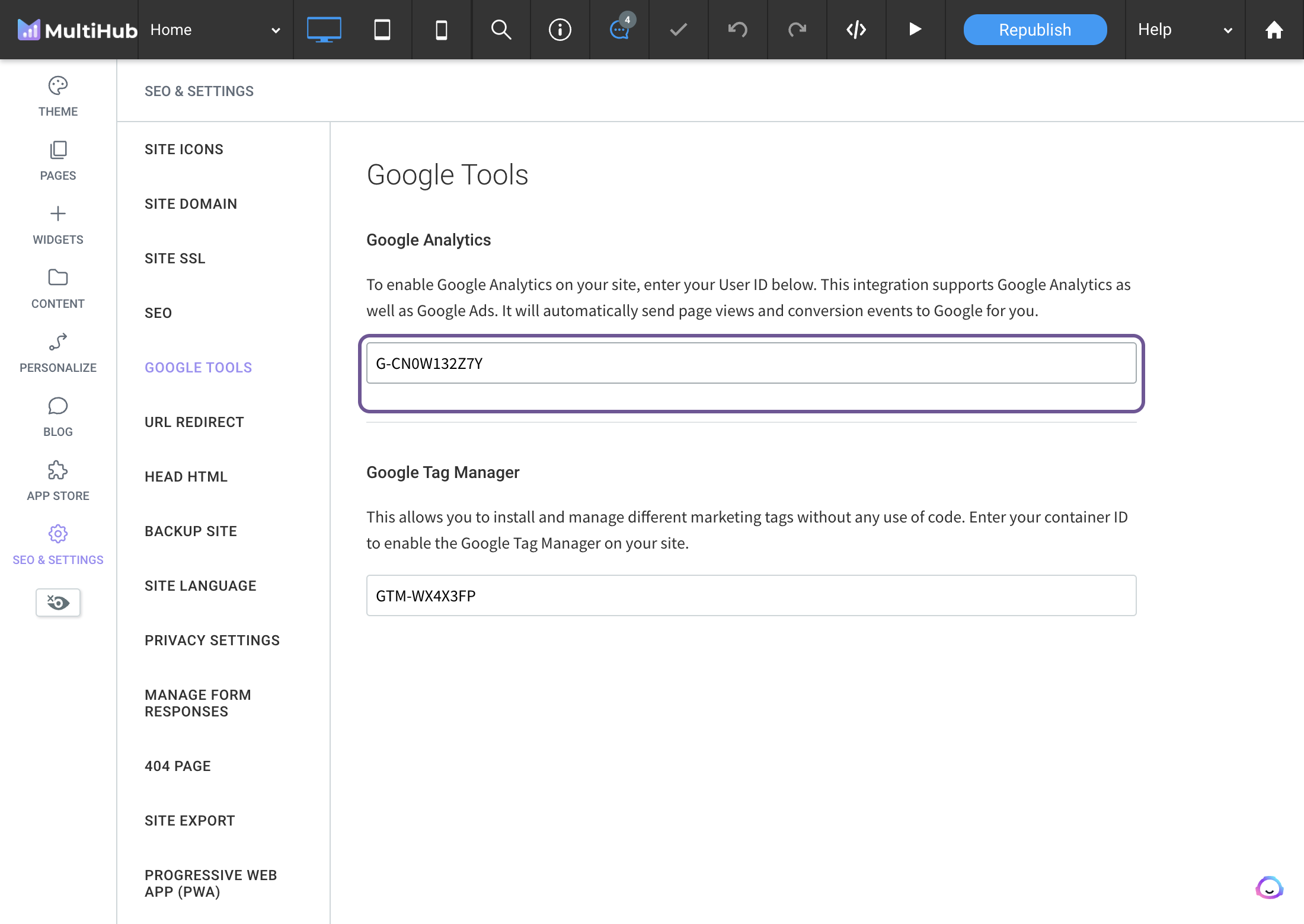 Paste the Measurement ID under Google Analytics (make sure there is no space in the front)