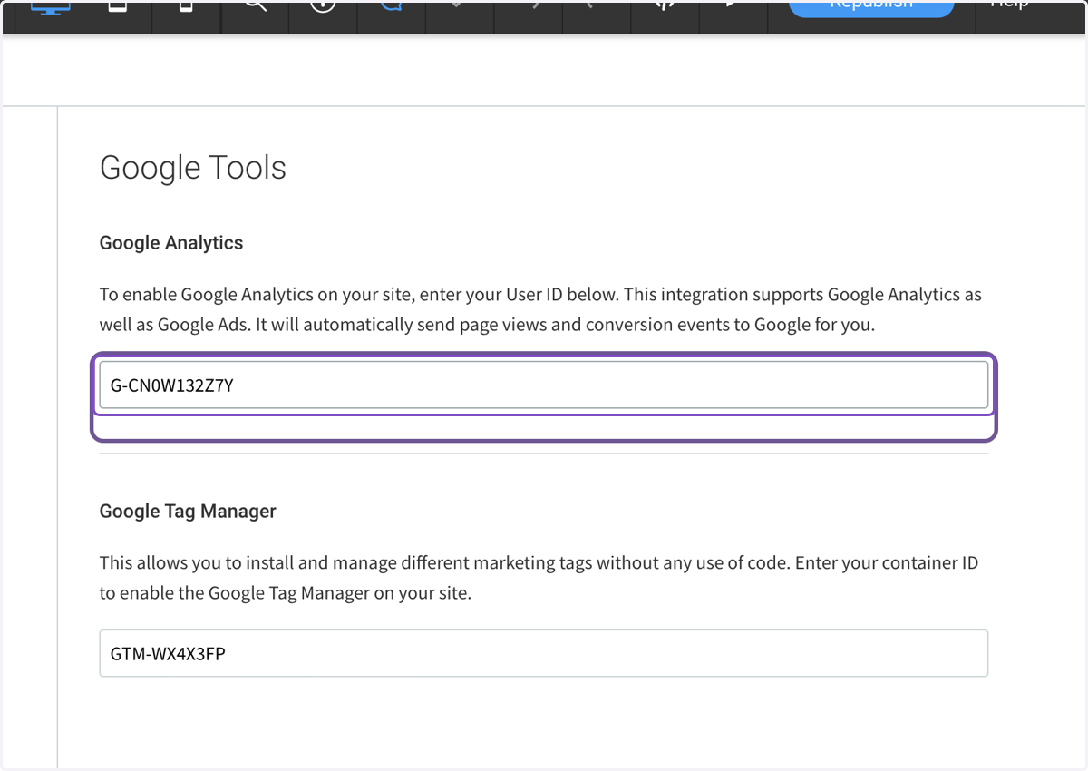 Paste the Measurement ID under Google Analytics (make sure there is no space in the front)
