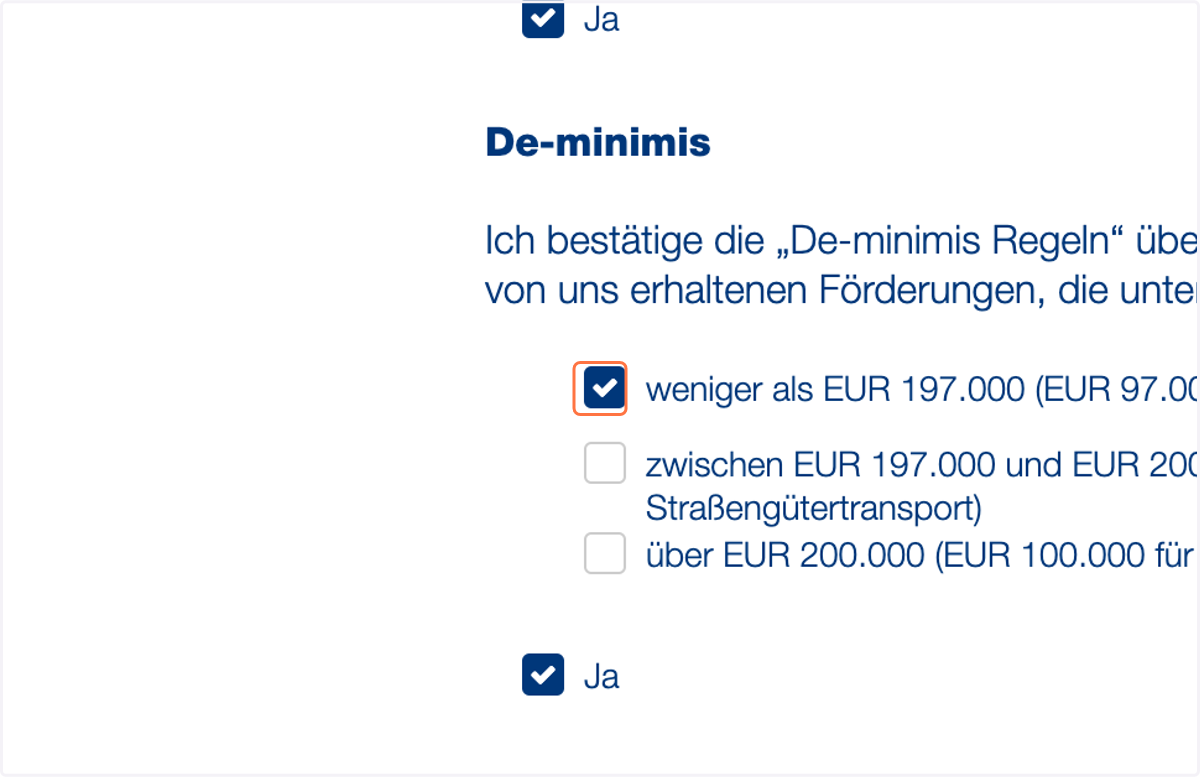 Klicken Sie auf "weniger als EUR 197.000 (EUR 97.000 für Unternehmen des Sektors Straßengütertransport)"