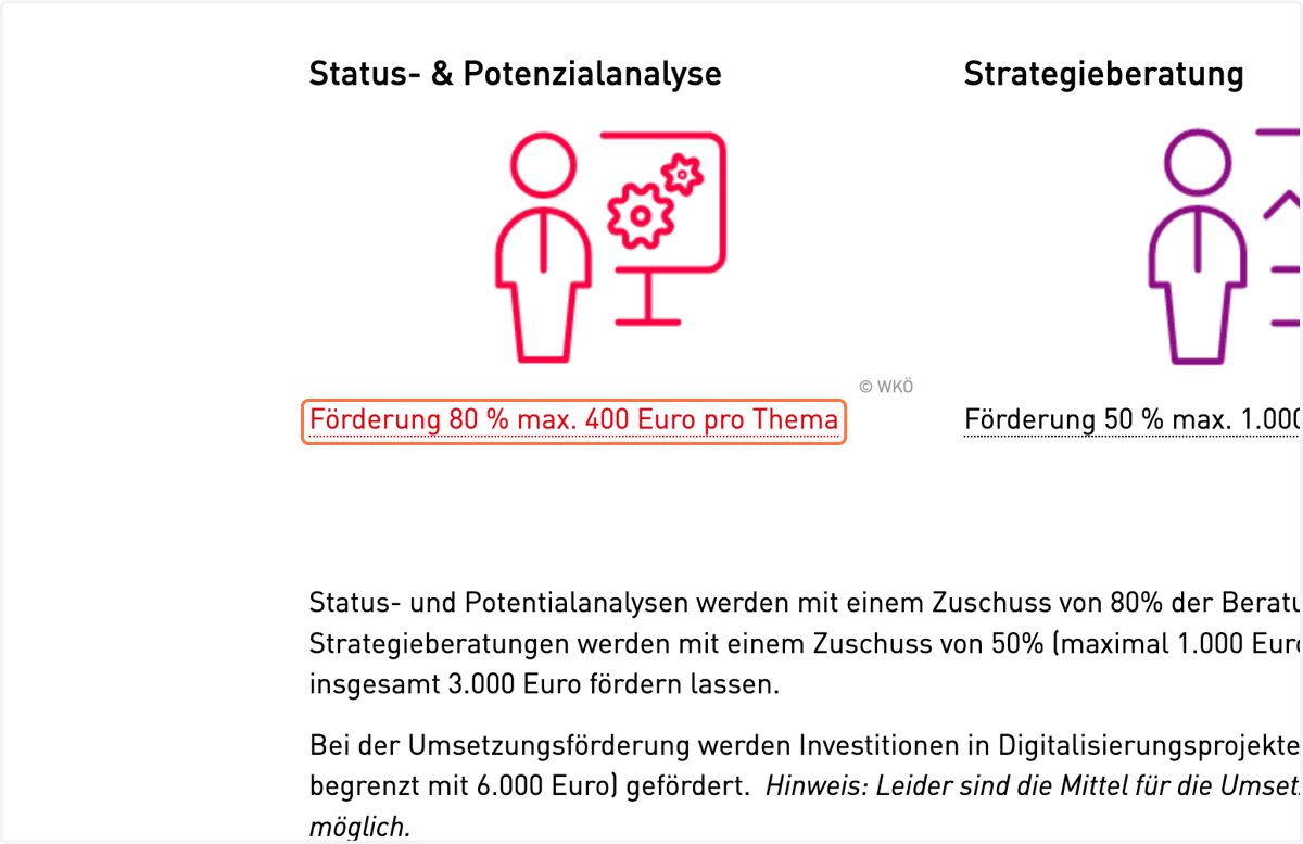 Klicken Sie auf Förderung 80 % max. 400 Euro pro Thema