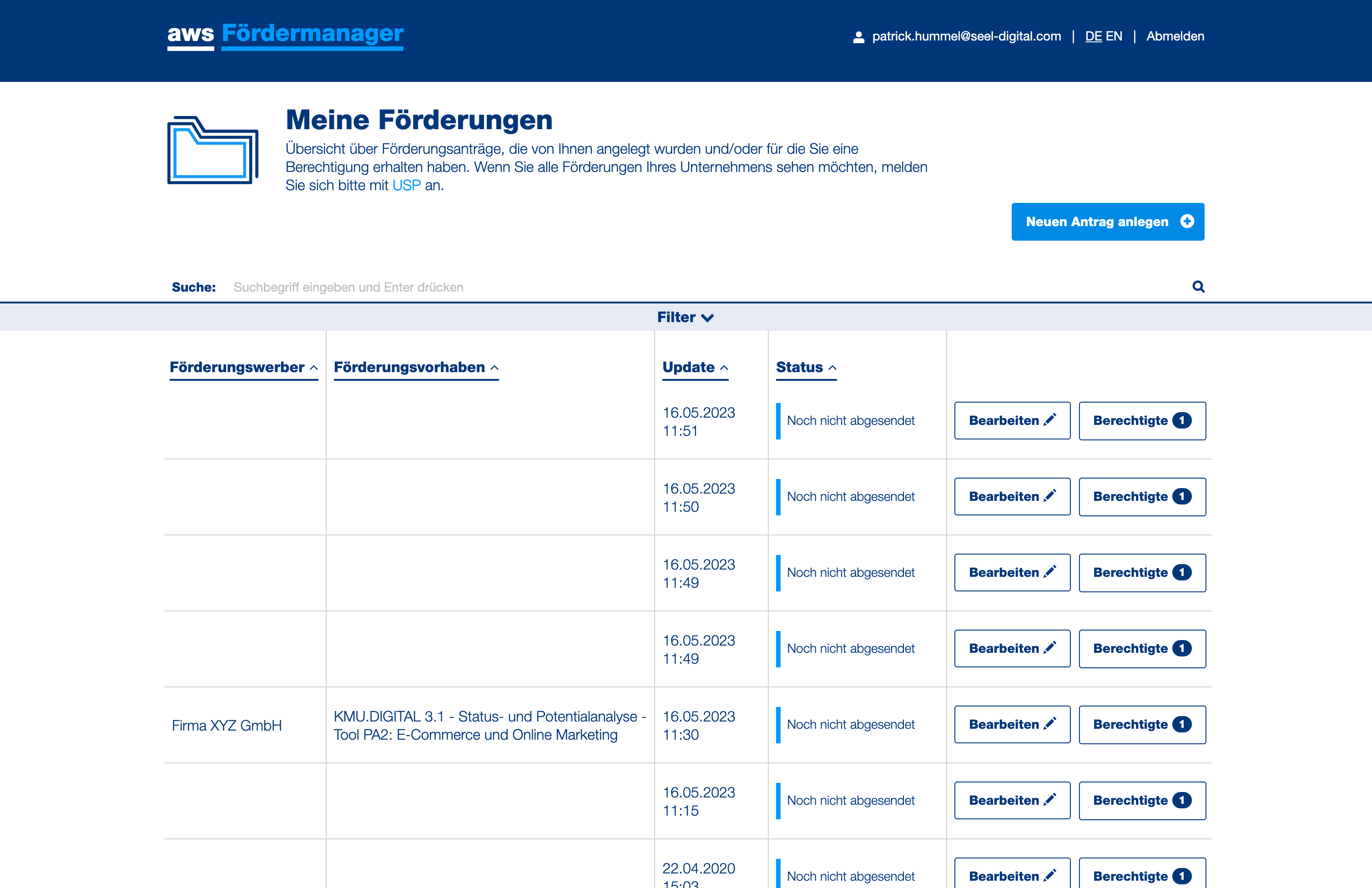 Starten Sie einen neuen Antrag. Falls der KMU Digital Antrag bereits gestartet wurde machen Sie mit Schritt 13 weiter.