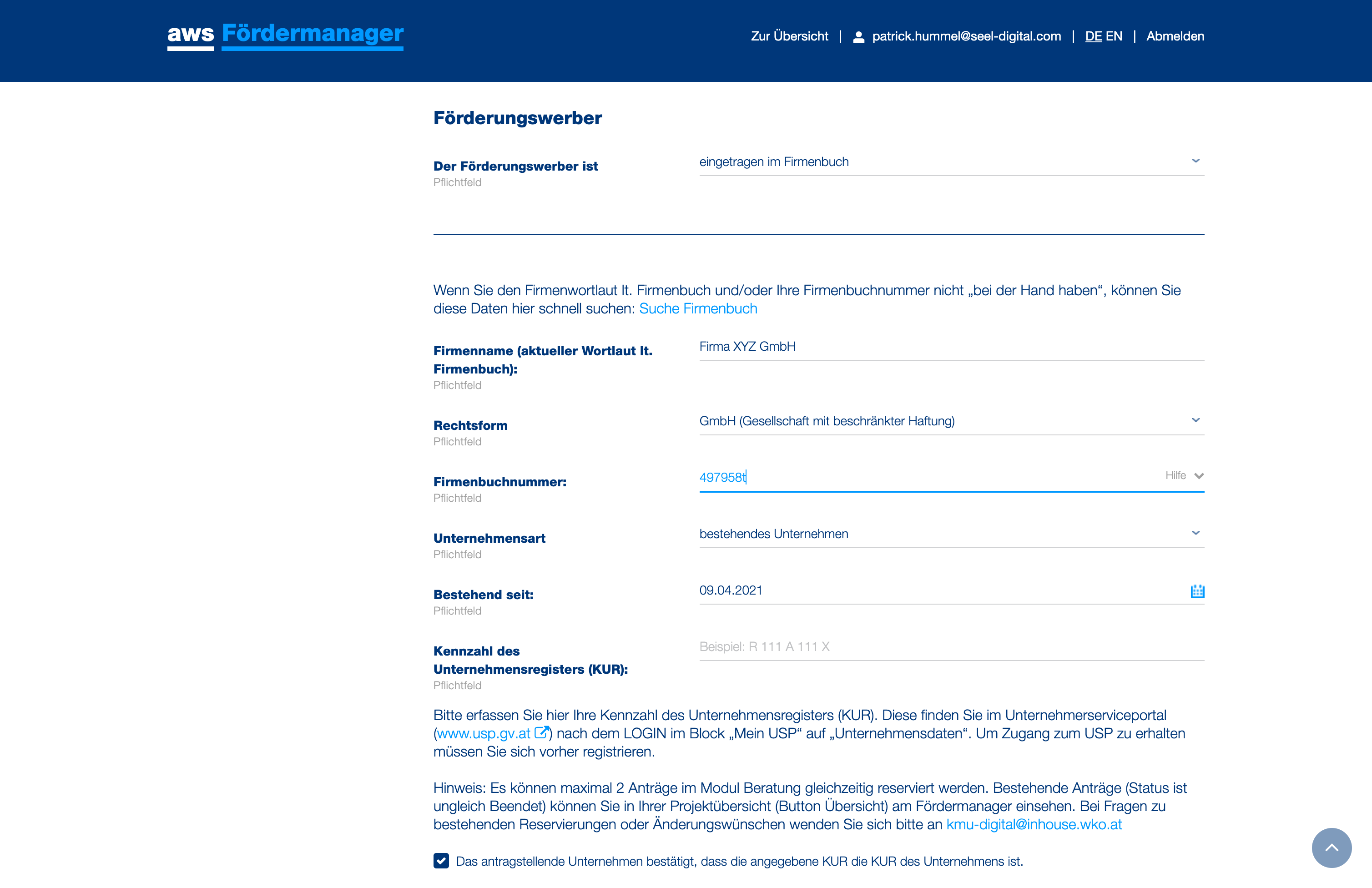 Die Firmenbuchnummer (falls vorhanden) ohne "FN" eingeben. Die GLN Ihres Unternehmens finden Sie unter: https://firmen.wko.at/
