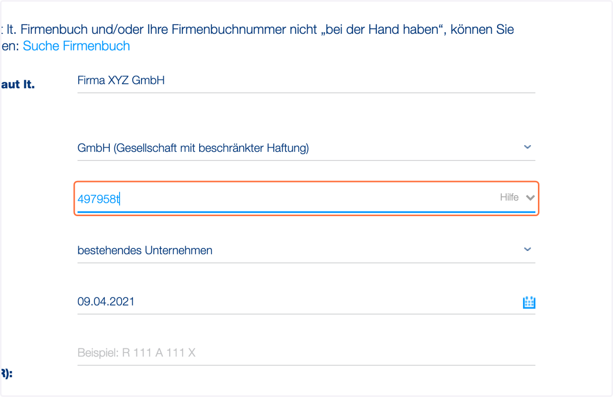 Die Firmenbuchnummer (falls vorhanden) ohne "FN" eingeben. Die GLN Ihres Unternehmens finden Sie unter: https://firmen.wko.at/