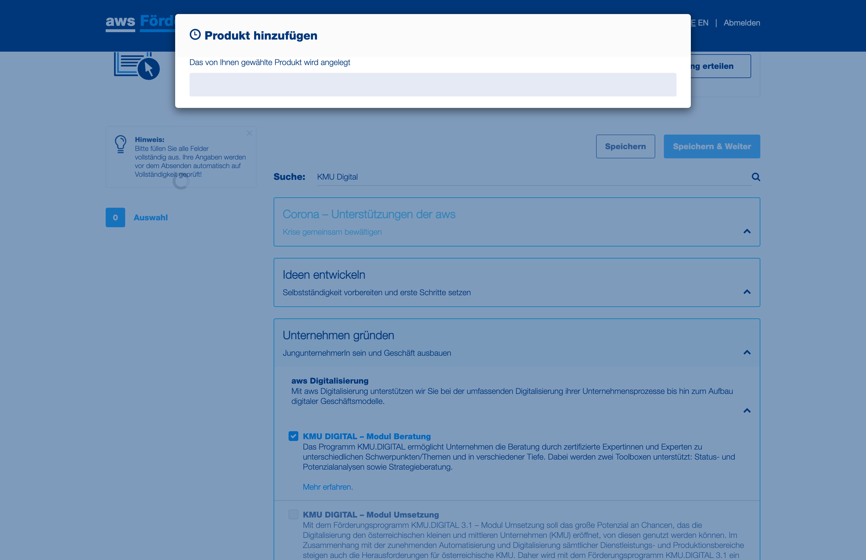 Wählen Sie "KMU DIGITAL – Modul Beratung…" aus.