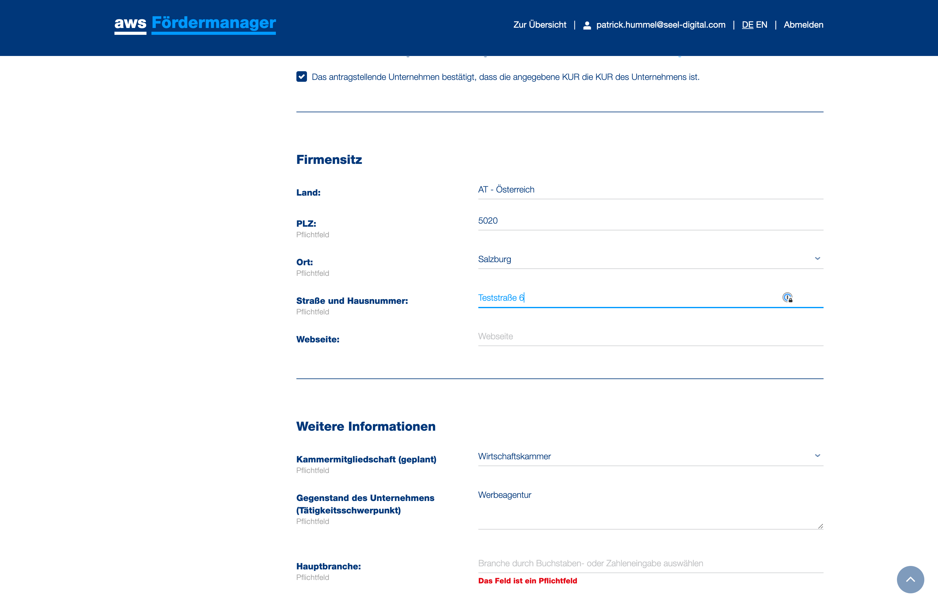 Geben Sie den Firmensitz Ihres Unternehmens richtig an.