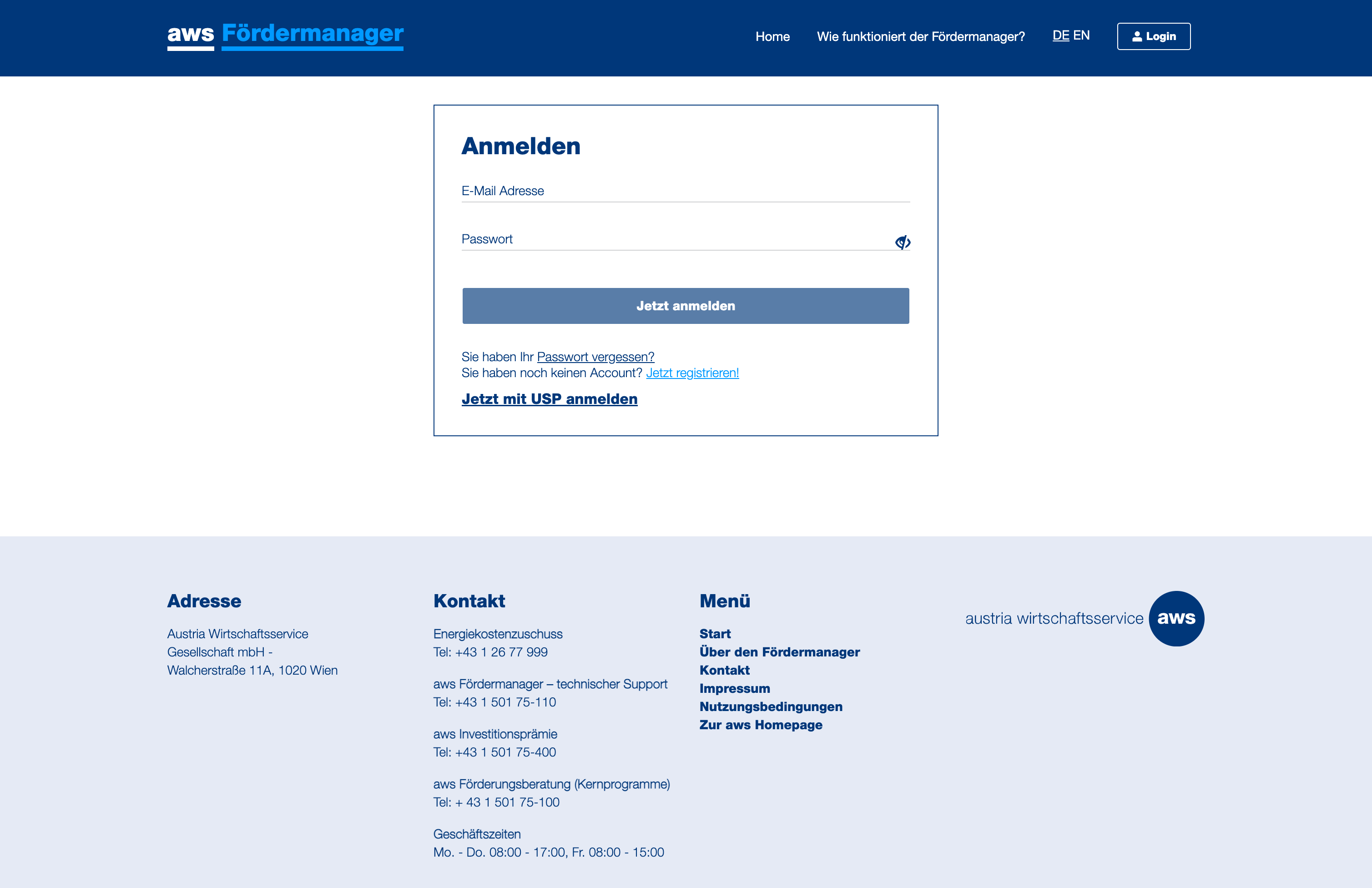 Wenn Sie noch keinen AWS Förderung Account, oder einen Unternehmensserviceportal (USP) Zugang haben, klicken Sie auf "Jetzt registrieren". Ansonsten fahren Sie mit Schritt 8 fort.