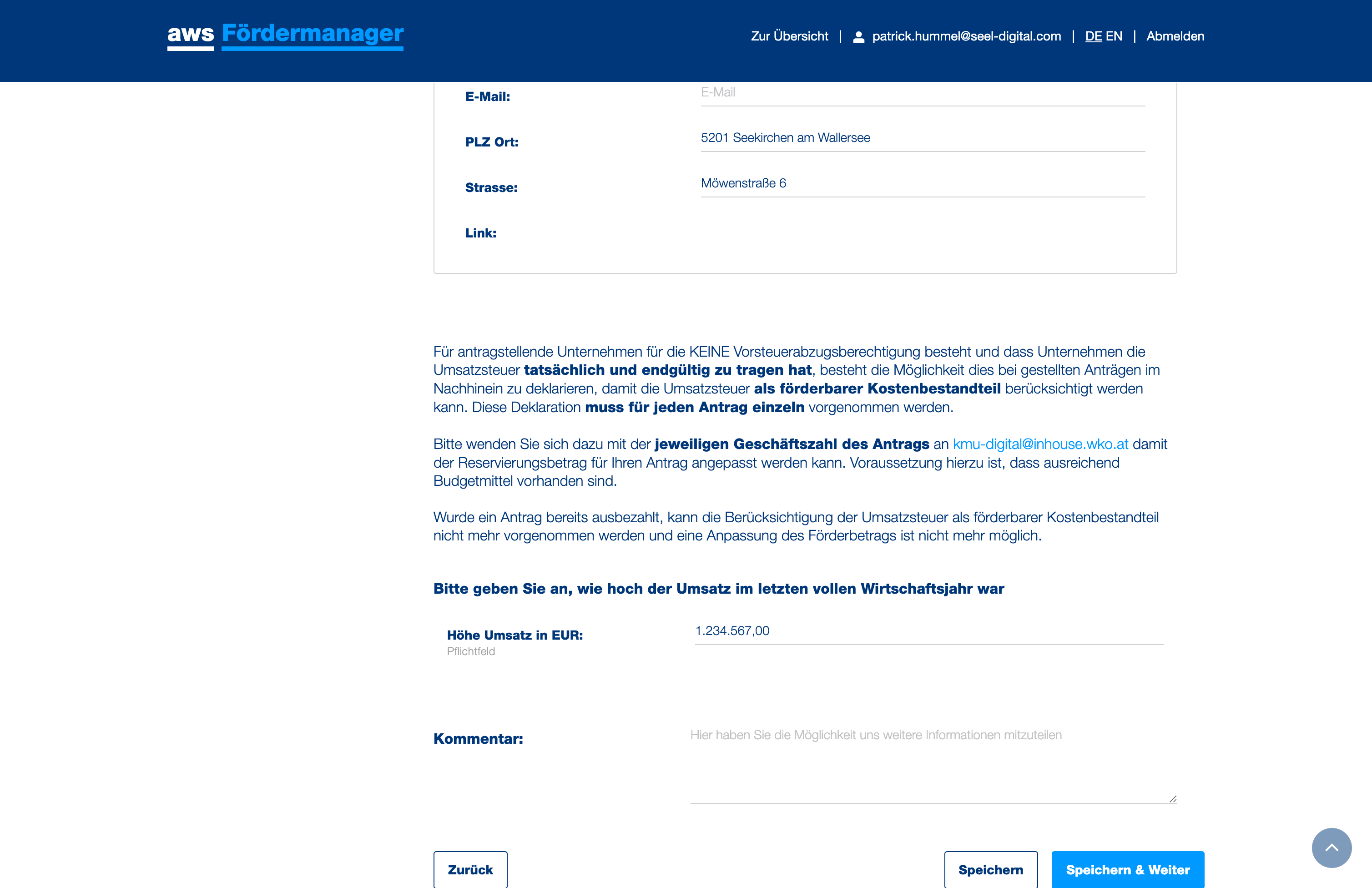 Geben Sie Ihre Umsatzzahlen an, da diese ein weitere Indikator für die Prüfung der Unternehmensgröße (KMU) ist.