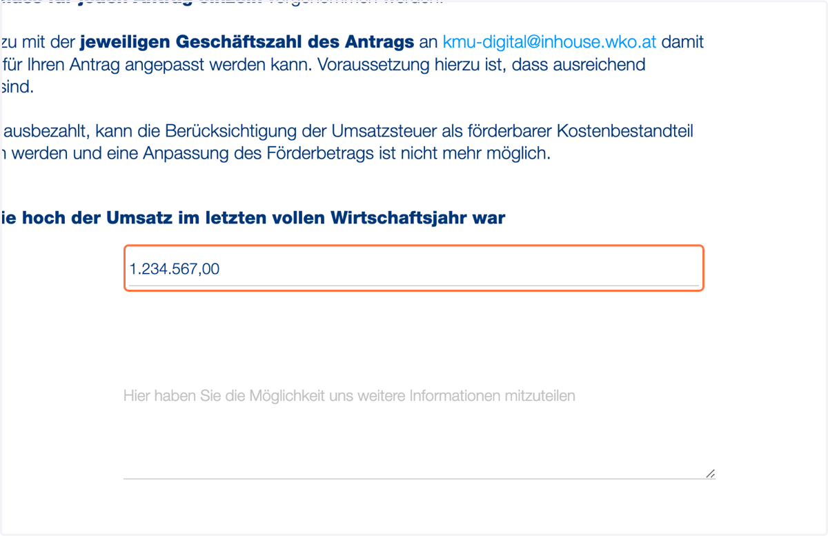 Geben Sie Ihre Umsatzzahlen an, da diese ein weitere Indikator für die Prüfung der Unternehmensgröße (KMU) ist.