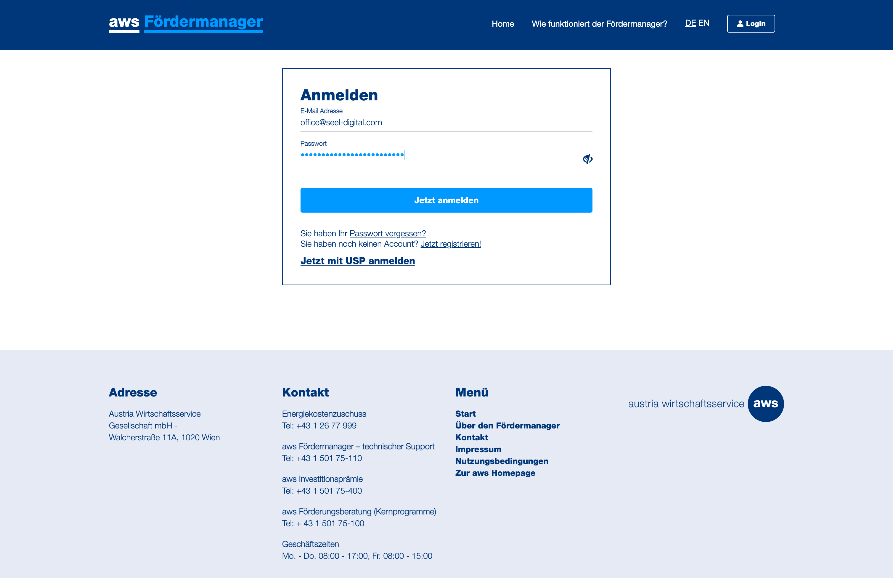 Loggen Sie sich ein mit E-Mail und Passwort, oder über das USP ein.