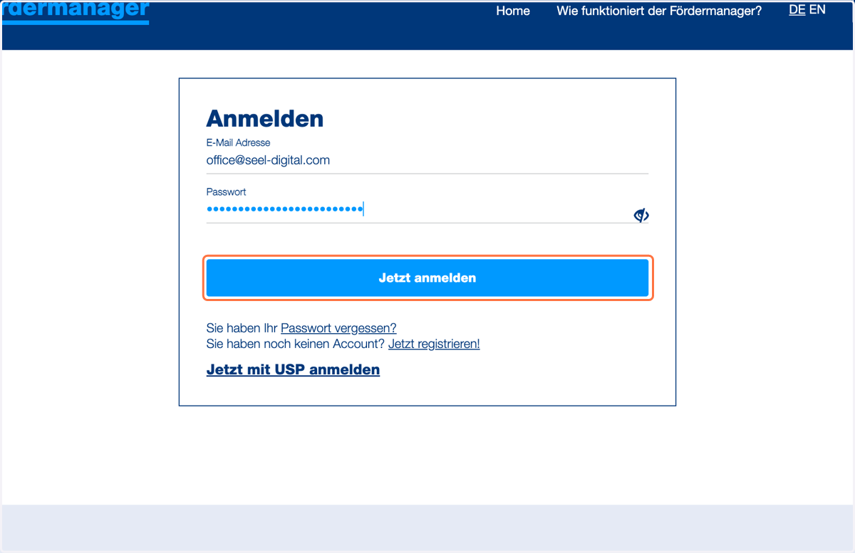 Loggen Sie sich ein mit E-Mail und Passwort, oder über das USP ein.