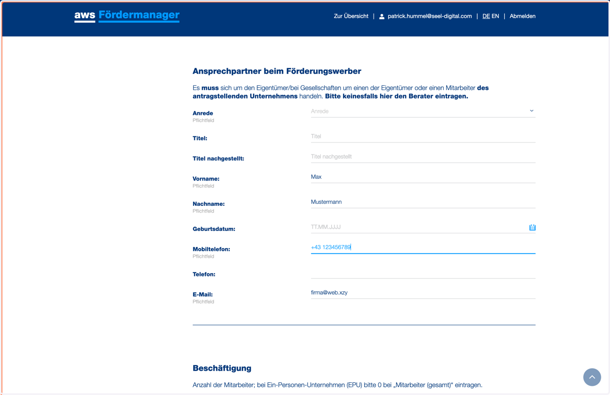 Geben Sie Ihren internen Anprechpartner für die Förderung an. Keinesfalls Anprechpartner von SEEL Digital angeben, hier muss jemand aus Ihrem Unternehmen angeführt werden