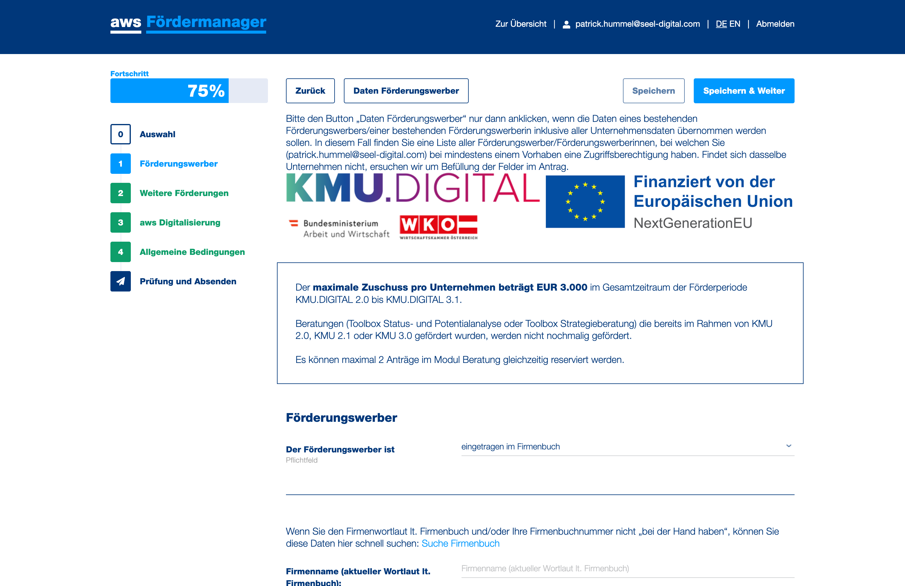 Geben Sie an, ob Ihr Unternehmen im Firmenbuch eingetragen ist oder nicht.