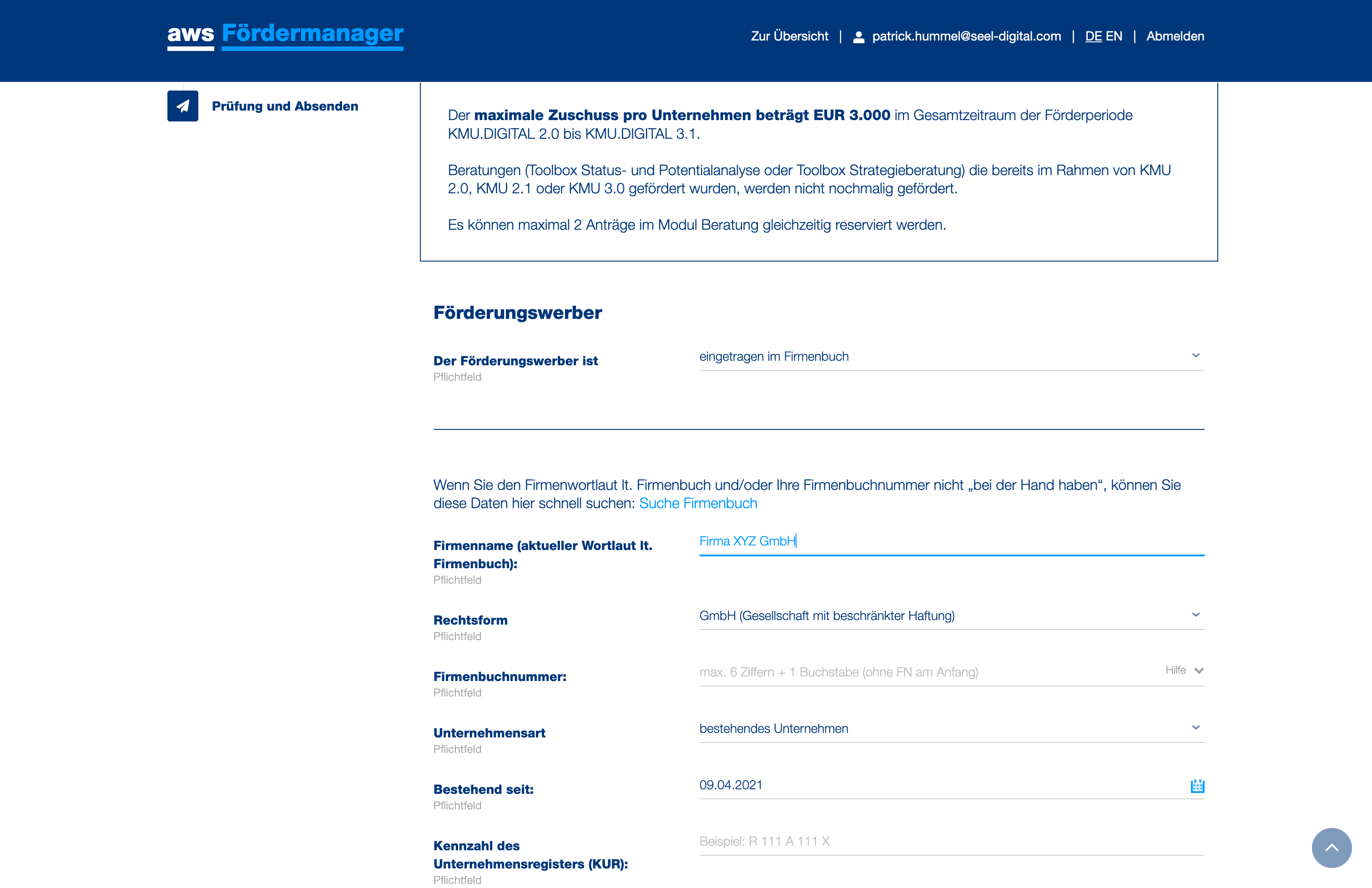 Geben Sie Ihre Unternehmensdaten ein.