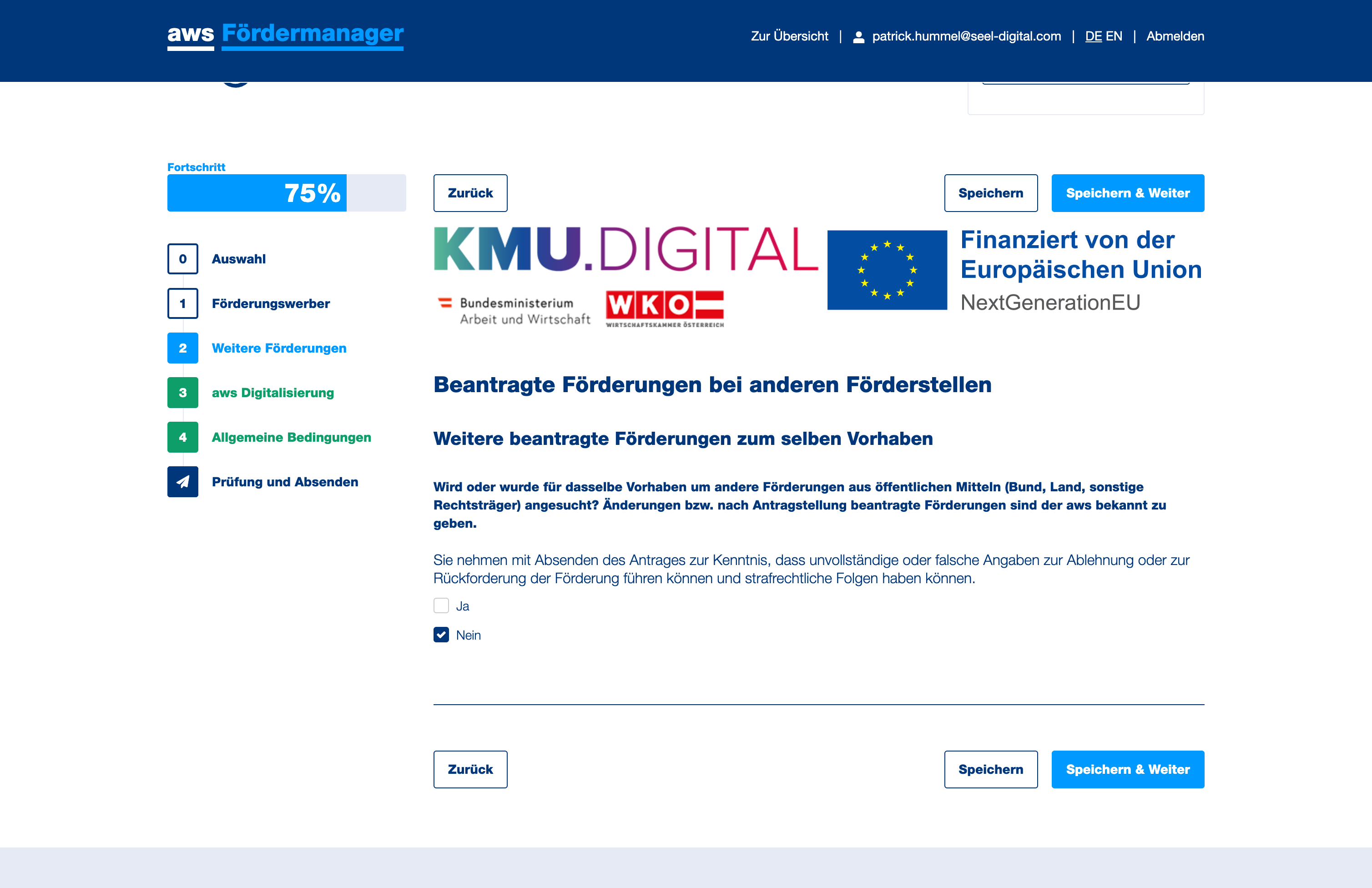Falls Sie keine weitere laufende Förderung haben, klicken Sie auf "Nein". Falls Sie weitere laufenden Förderungen haben, klicken Sie auf "Ja" und geben Sie diese an.