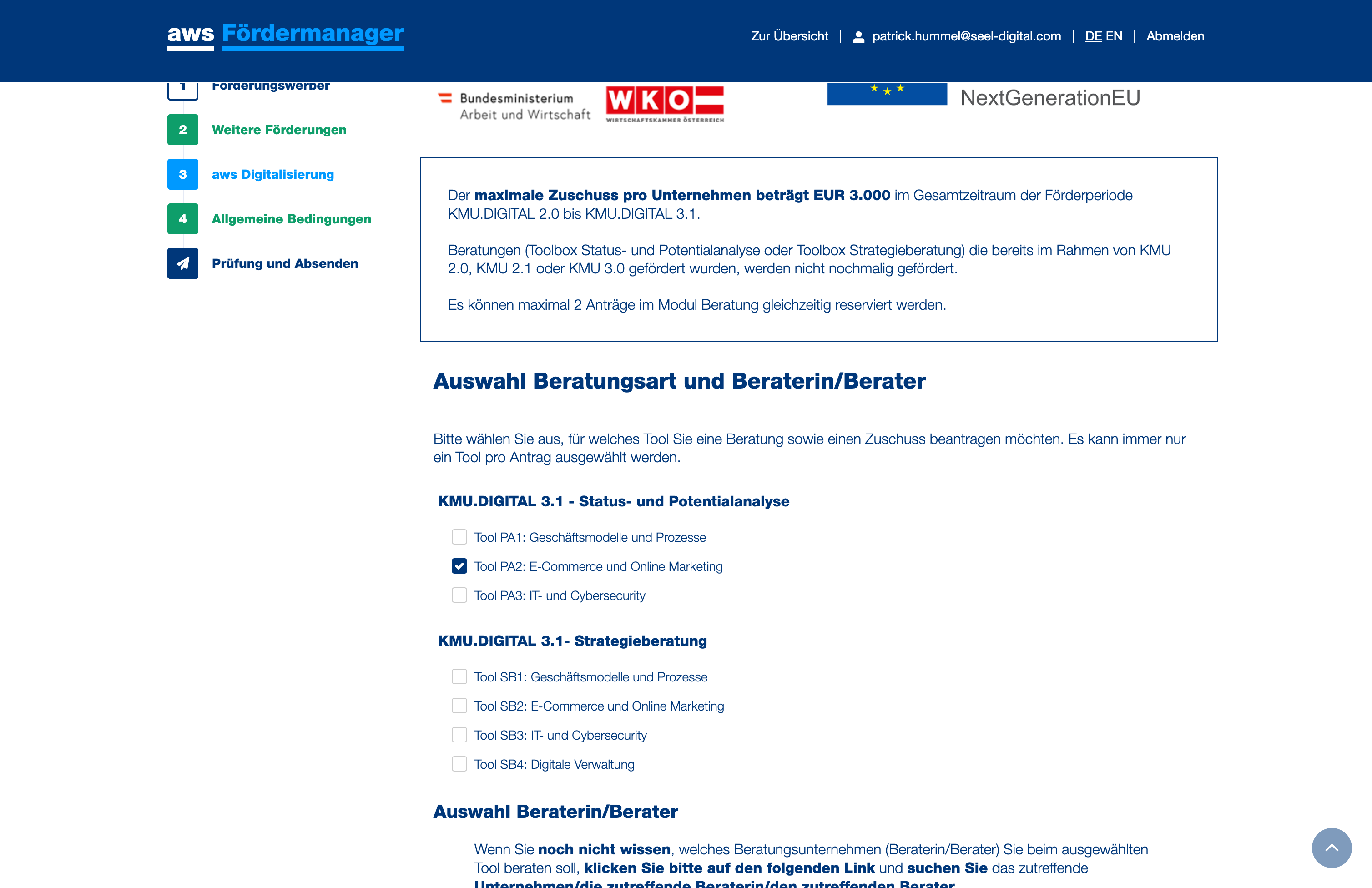 Wählen Sie die Förderung zur Status-und Potentialanalyse für "E-Commerce und Online Marketing" aus. Wählen Sie PA2 (KMU Digital 4.x).
