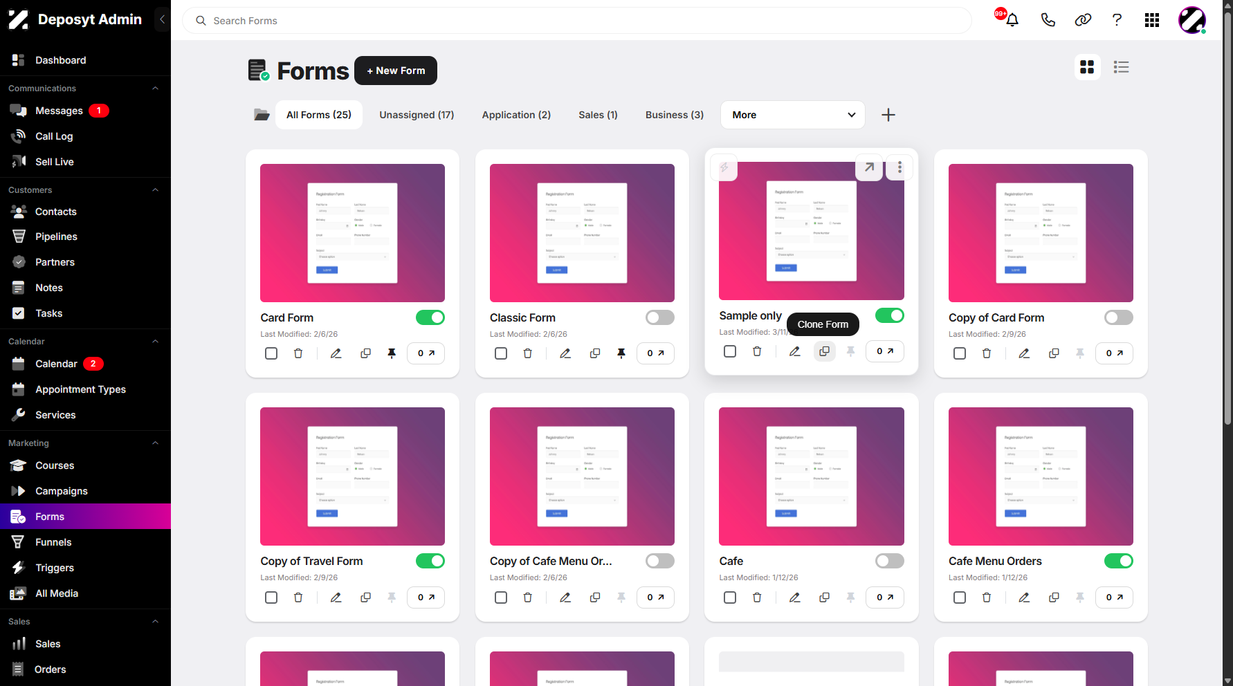 Step 5: Select a form, then click the Clone Form button.