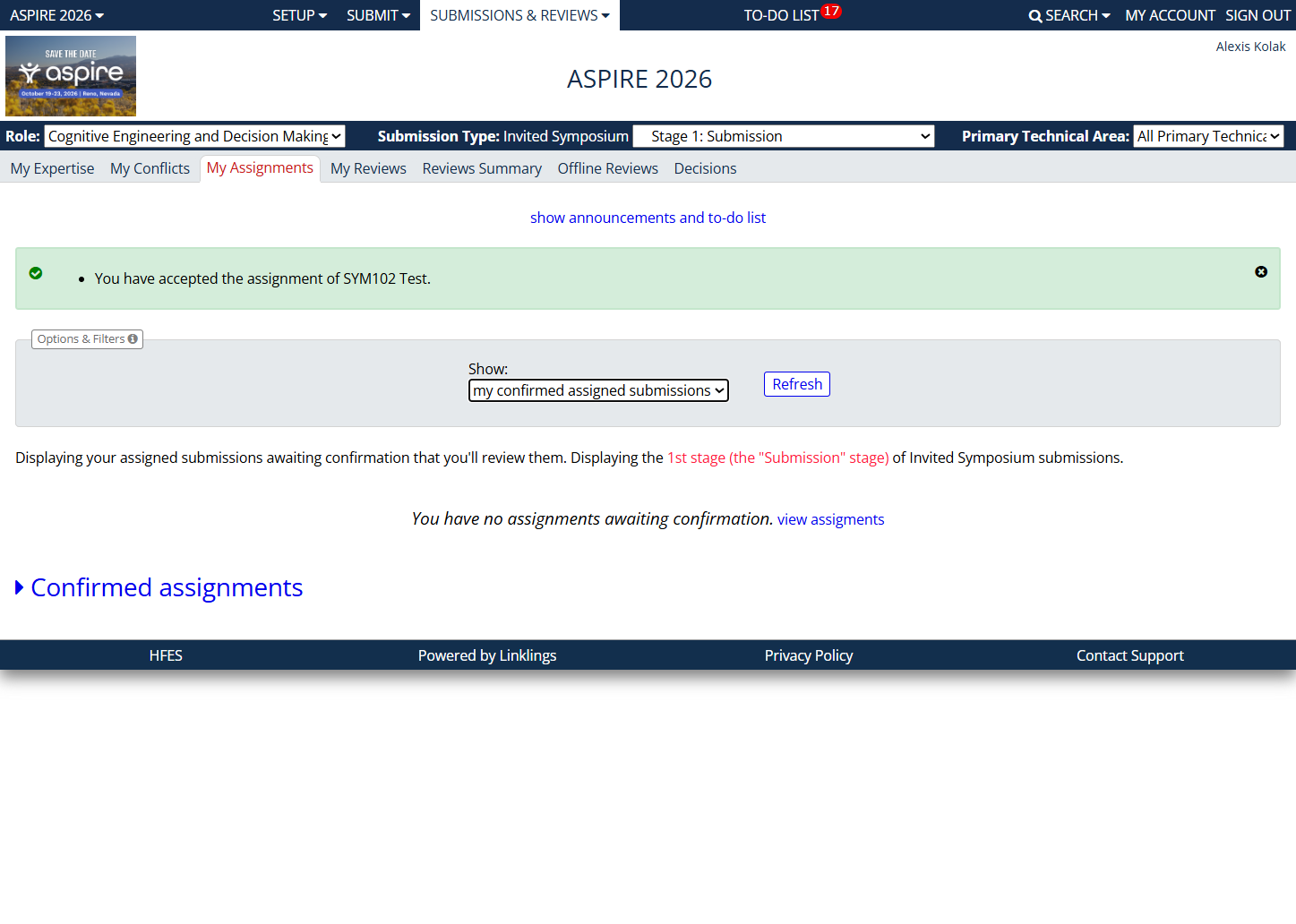 Once you have accepted, you can switch the window to see your confirmed submissions and begin your reviews.