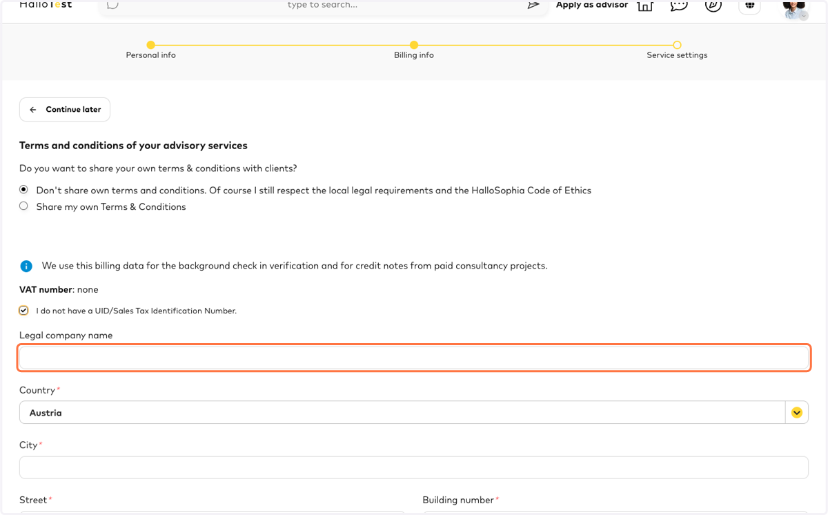 Please provide your billing information so that automated invoices can be generated.