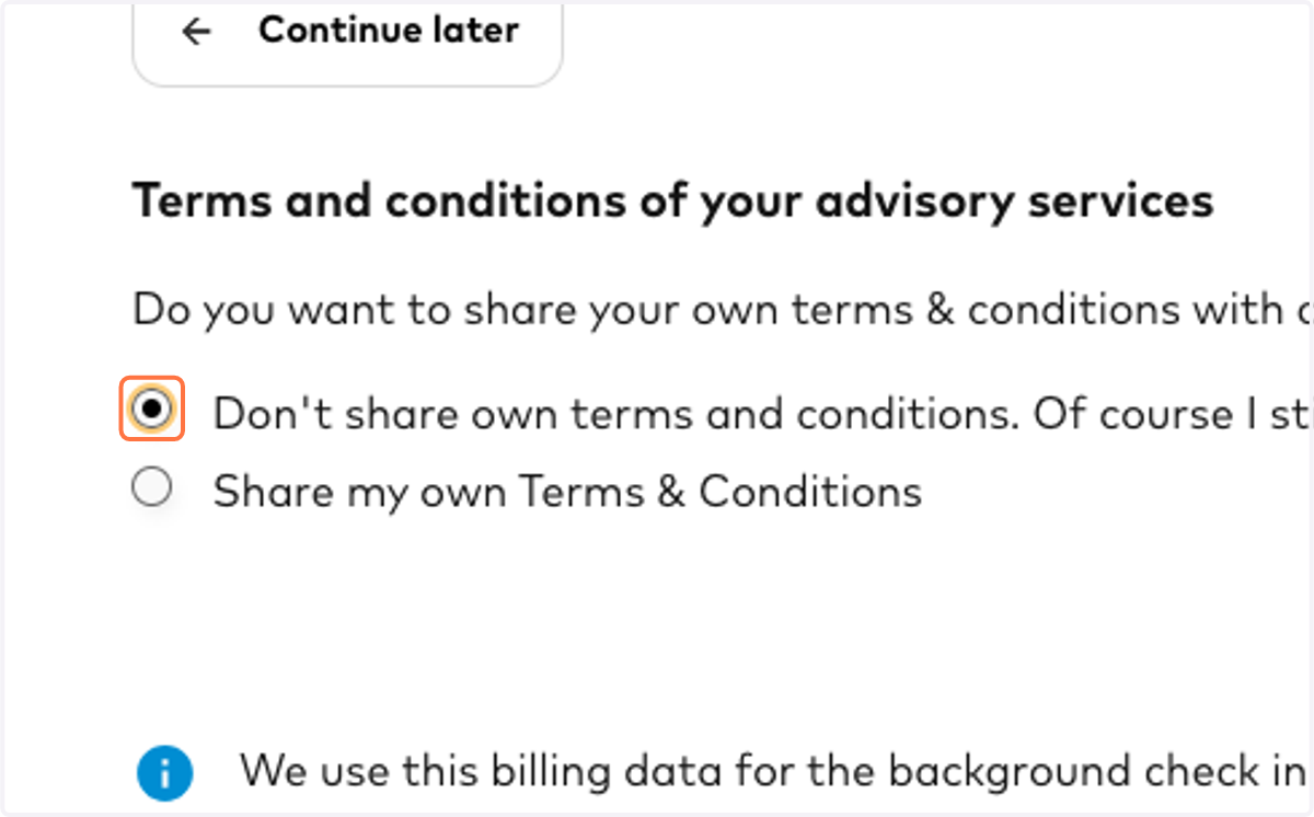 In the next step, decide whether you want to upload your own terms and conditions or use those provided by HalloSophia.