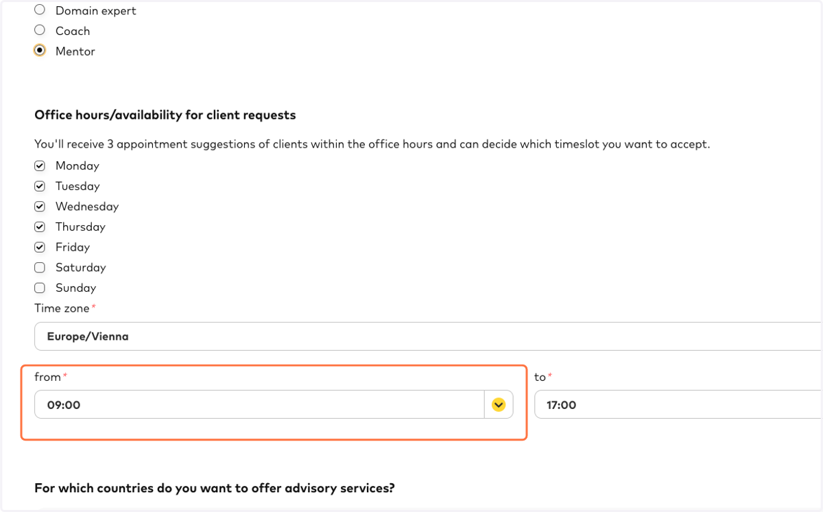 Please specify the times, countries, and languages in which you provide consultations. Pro Tip: Select 'Check EU all' to make your services visible and bookable across the EU.