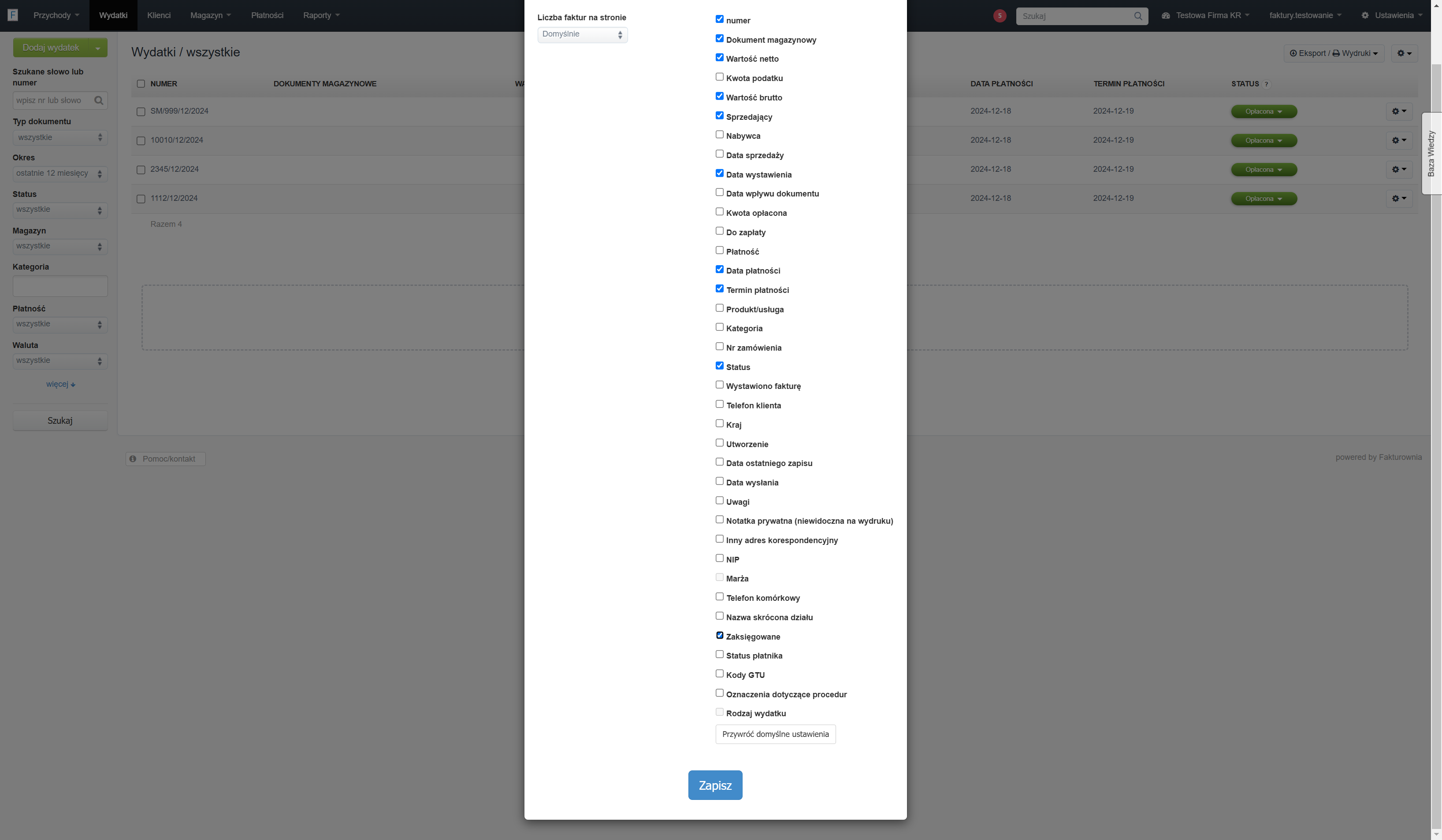 Zaznacz checkbox przy opcji 'Zaksięgowane'.