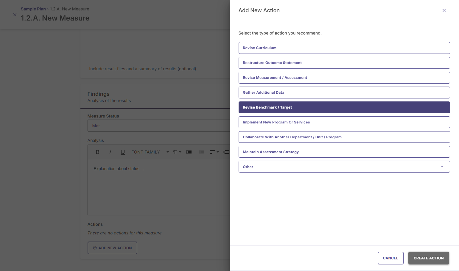 A list of actions will appear. Click on the action you want to add and then click CREATE ACTION.