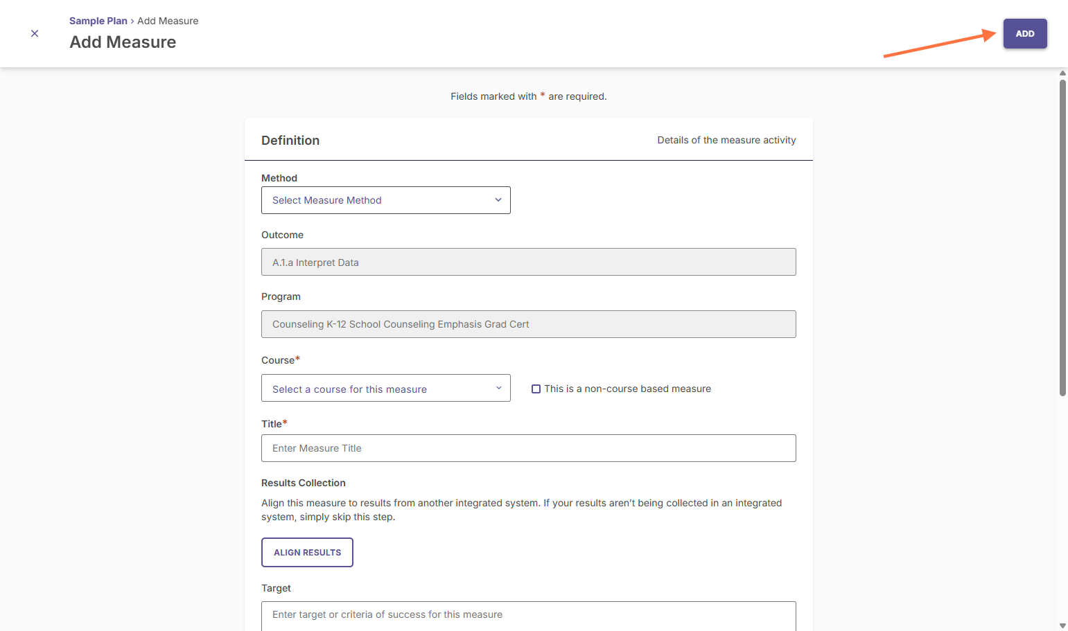 If you want to add a new measure, provide details about the measure when prompted. To complete this process, click ADD.