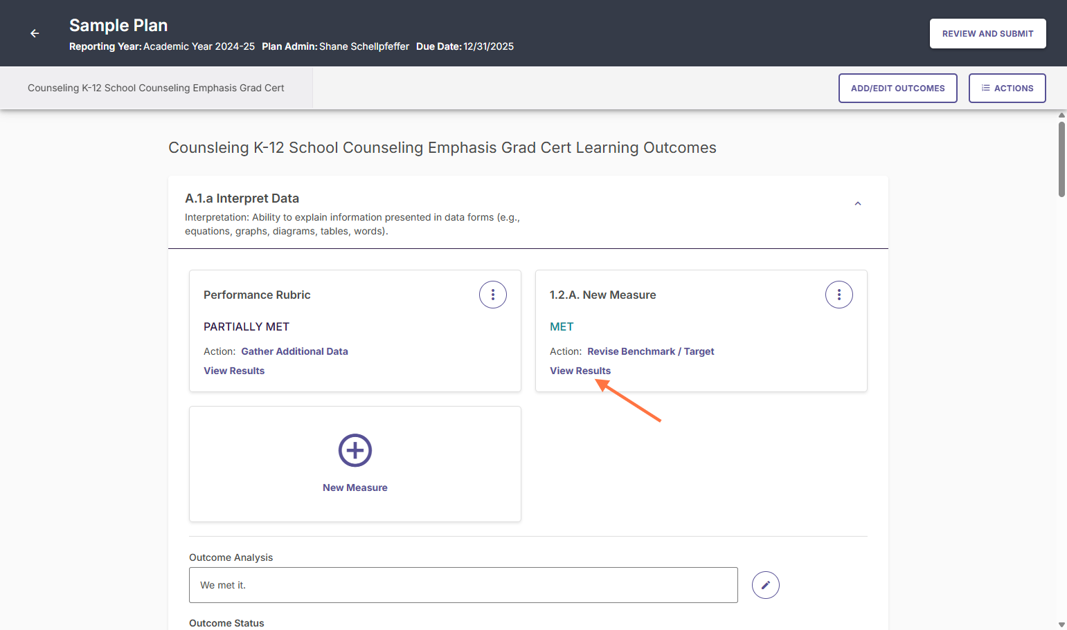 You can view the results that have been entered for these measures by clicking on "View Results".
