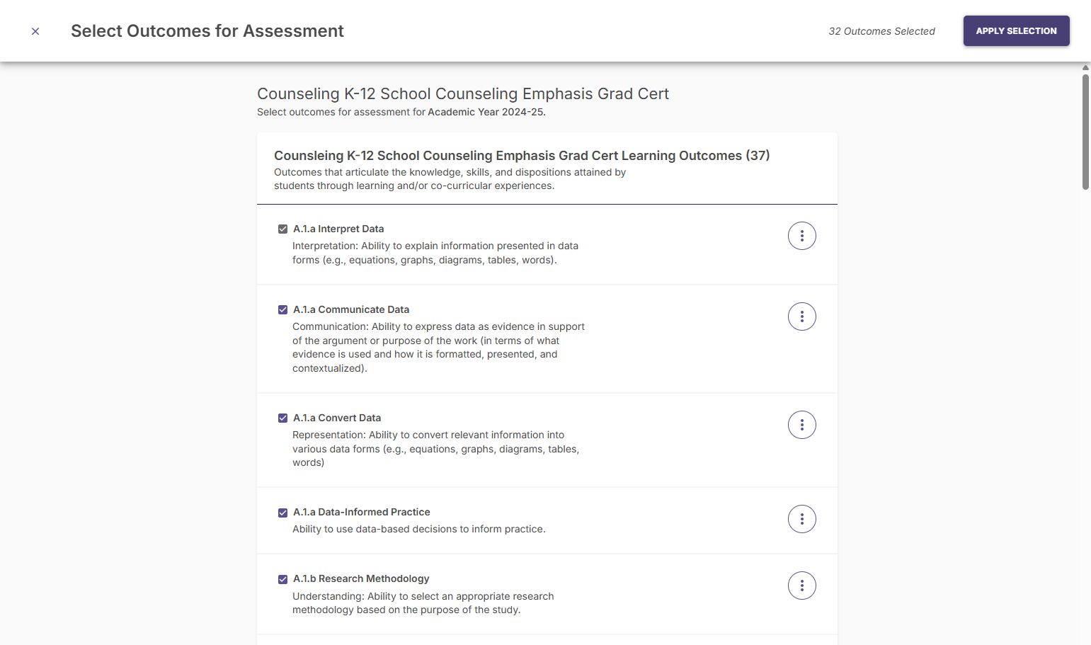 When all outcomes have been added and selected, click on APPLY SELECTION.