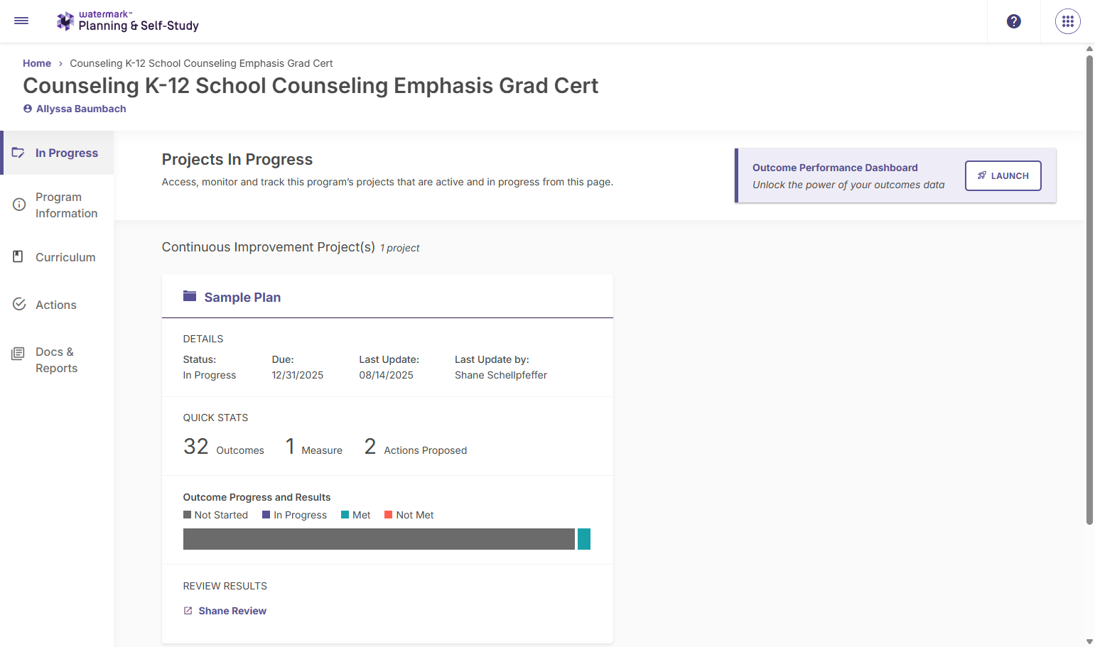 You will be redirected to a dashboard showing the progress of the selected program assessment.