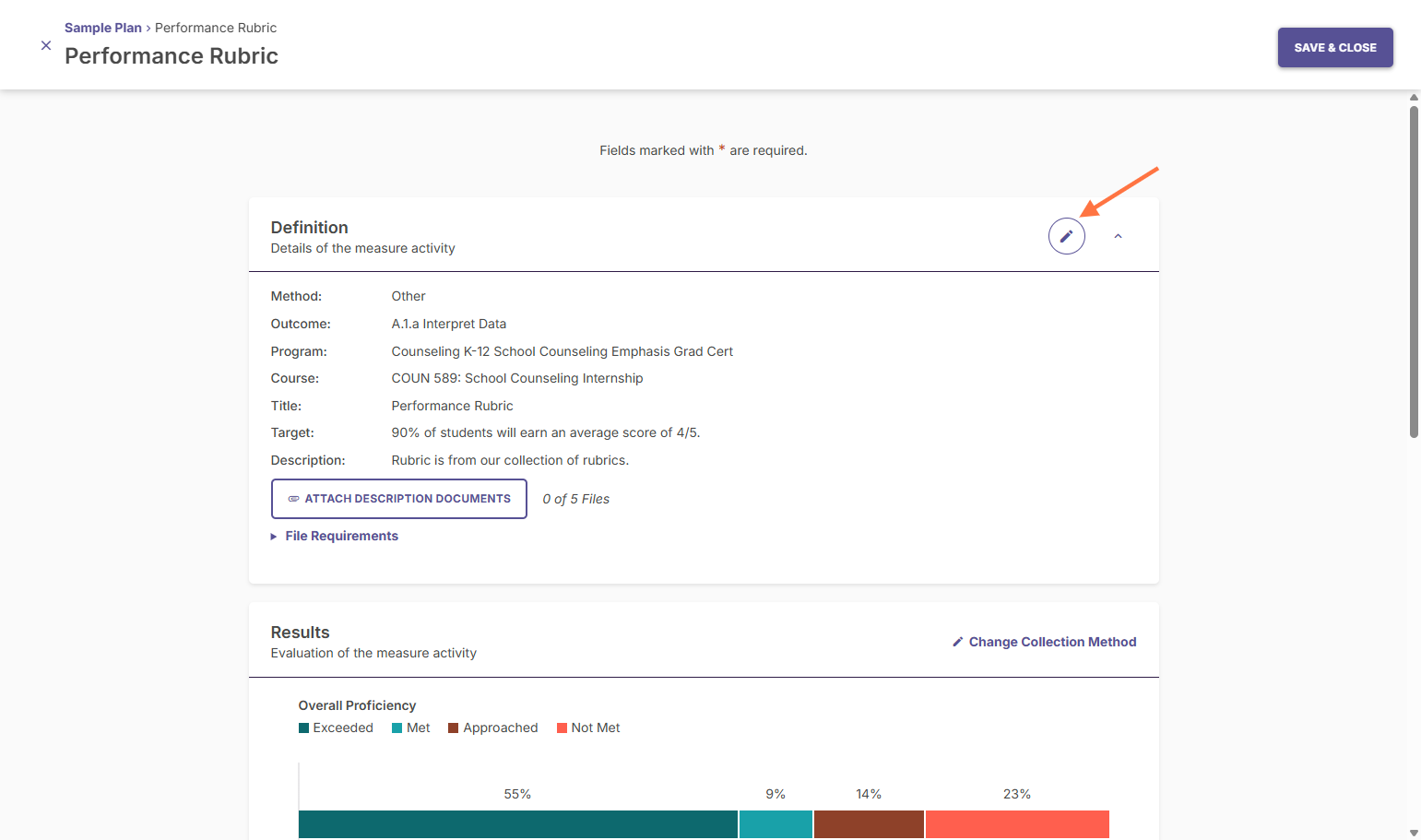 After you click on "Measure Details", the first window shows the details of the measure activity. To edit the measure information, click on the pencil icon at the top right corner of the Definition box.